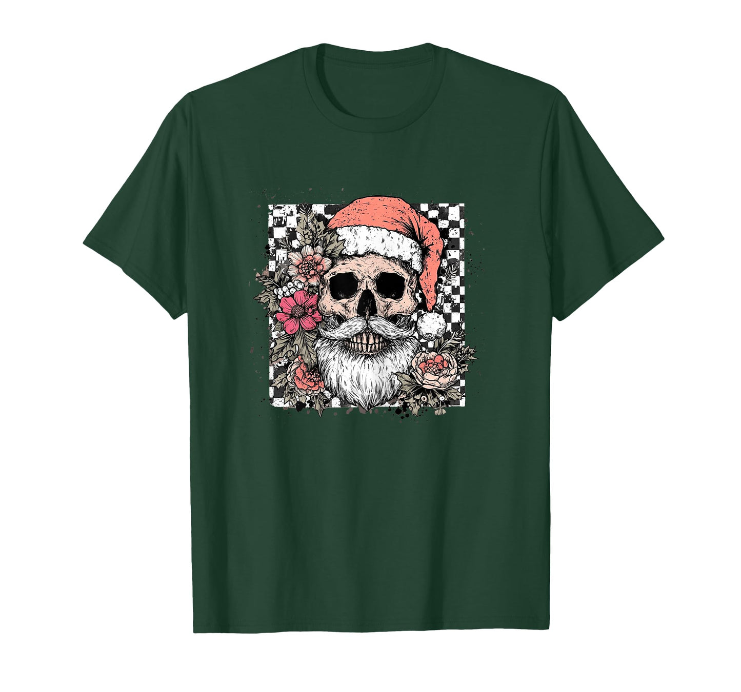 Womens Skull Floral Christmas Checkered, Funny Christmas Girl Women T-Shirt