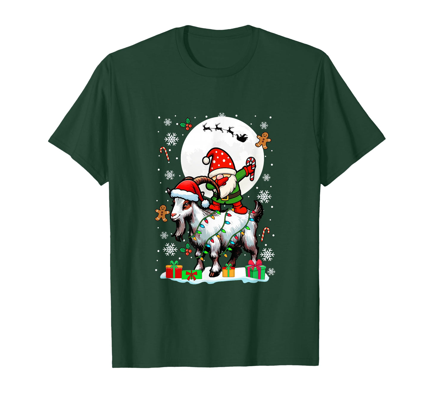 Dabbing Gnome On Goat Christmas Santa Colorful Lights T-Shirt