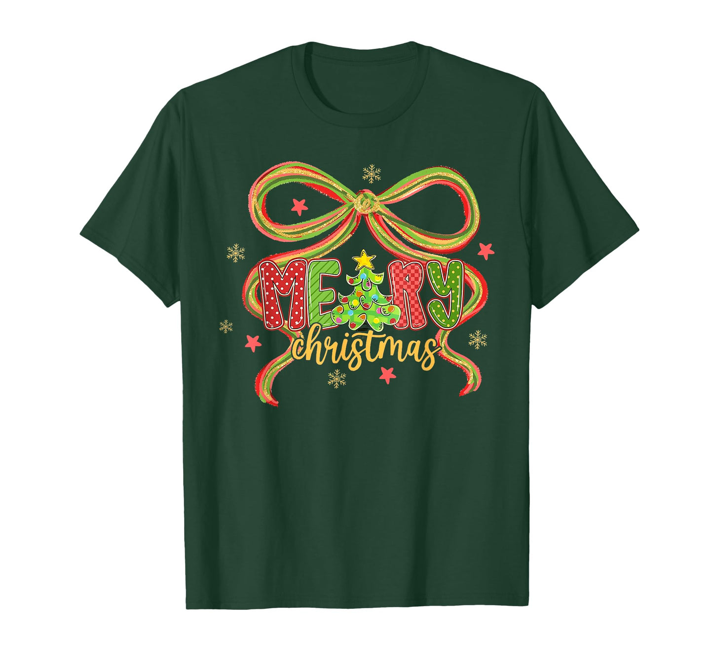 Merry Christmas Tree Coquette Bow Women Xmas Pajamas T-Shirt