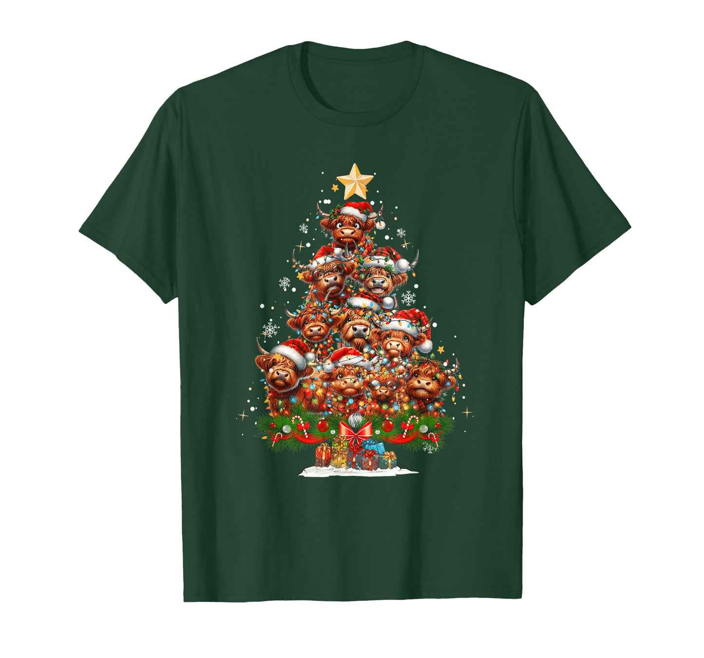 Funny Highland Cow Christmas Tree Light Xmas Funny Cow Lover T-Shirt