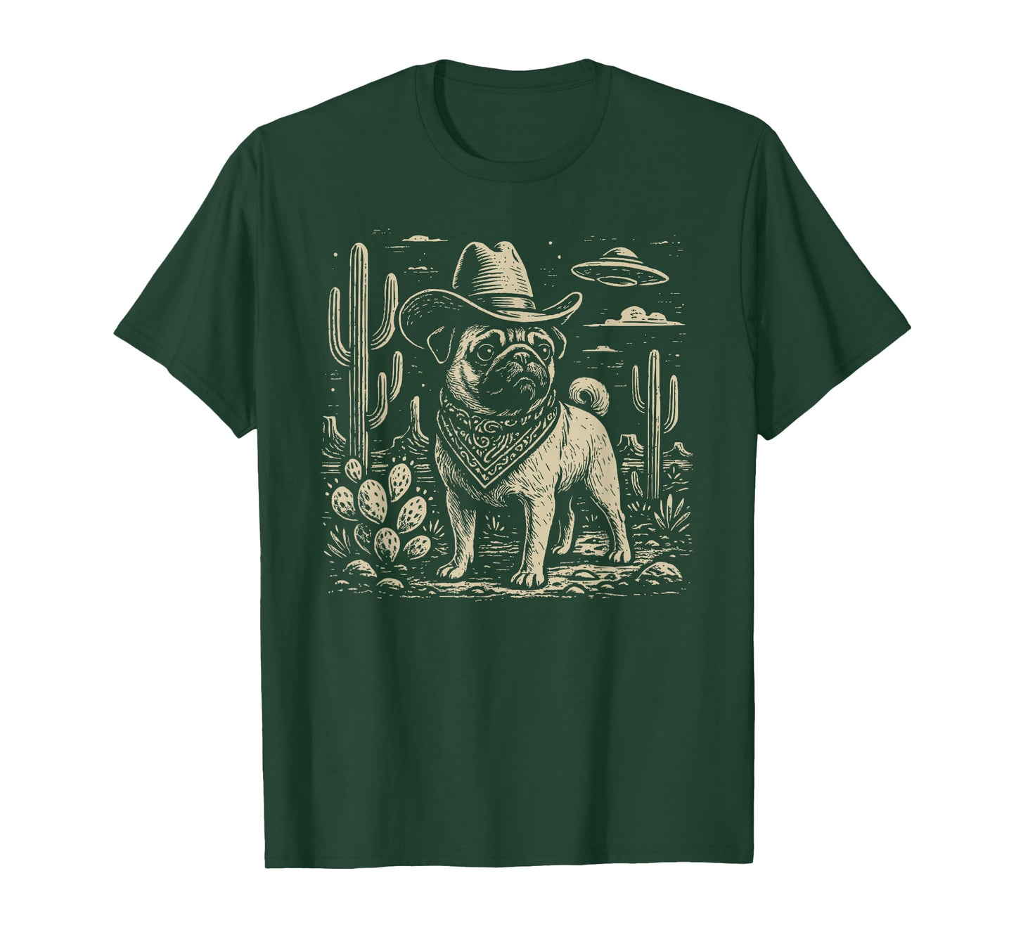 Vintage Western Pug Cowboy UFO Dog T-Shirt