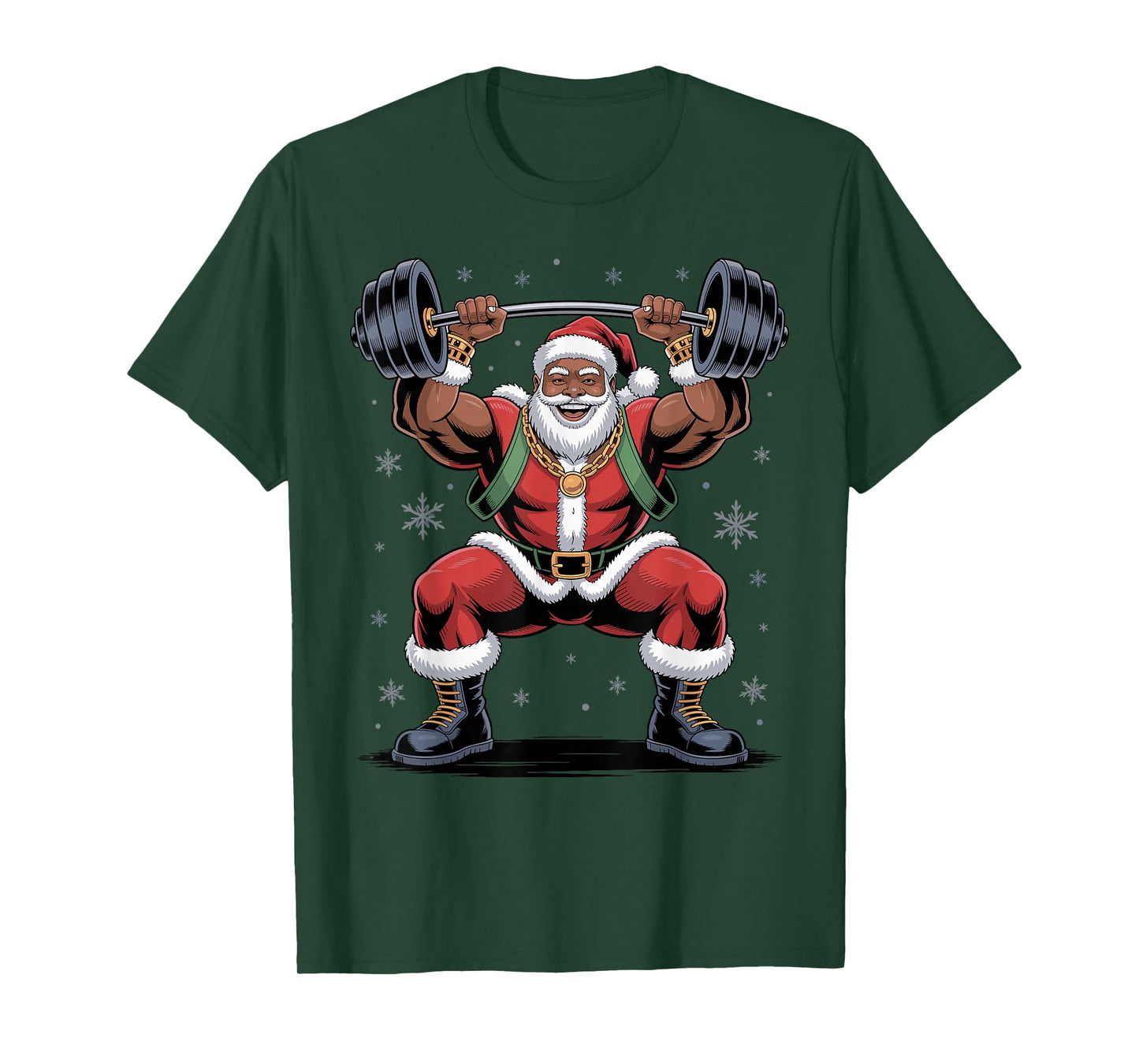 Santa Weightlifting African American Christmas Funny Holiday T-Shirt