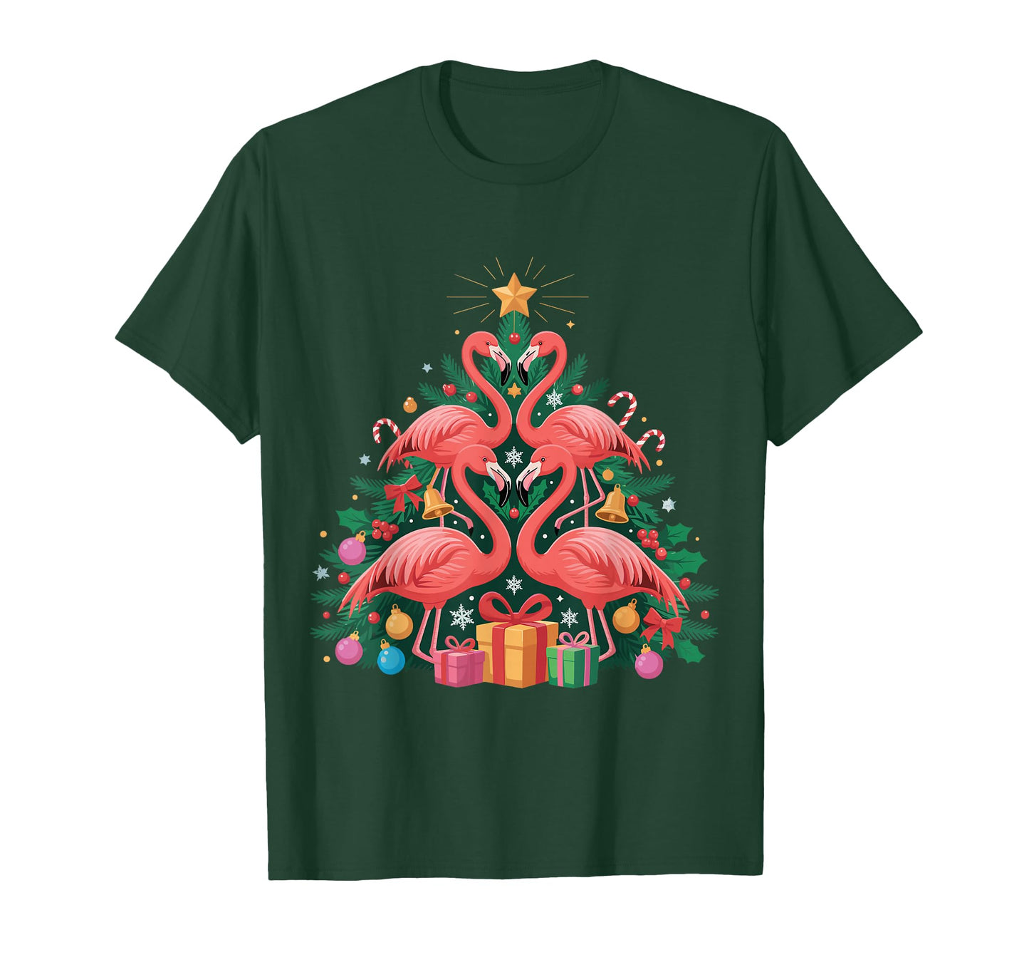 Pink Flamingo Christmas Tree Lights Santa Hat Xmas T-Shirt