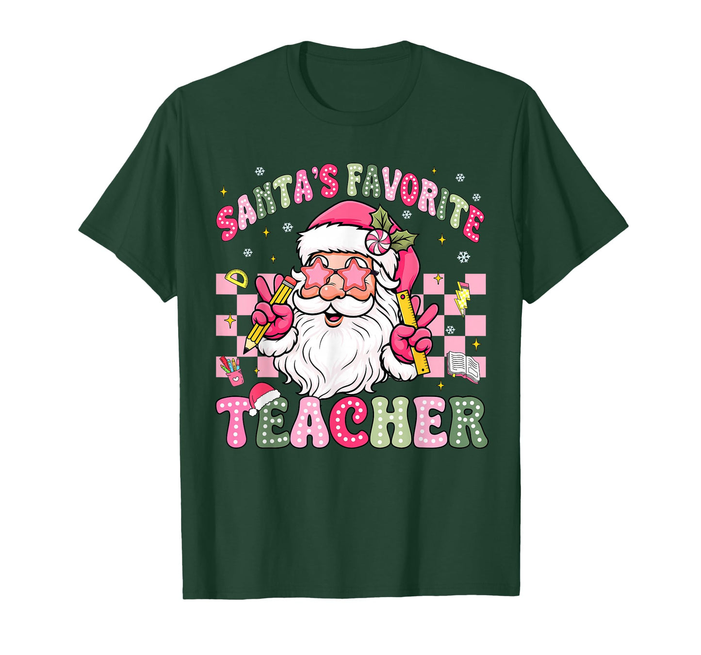 Santa's Favorite Teacher Groovy Christmas Teacher Boys Girls T-Shirt