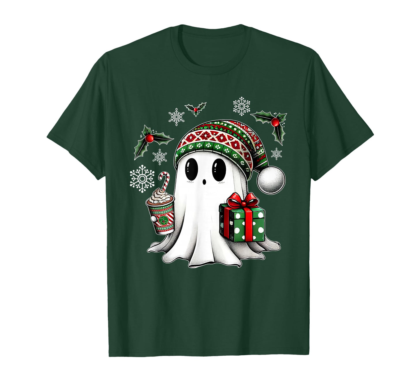 Cute Christmas Ghost Spirit with Santa Hat Coffee and Gift T-Shirt