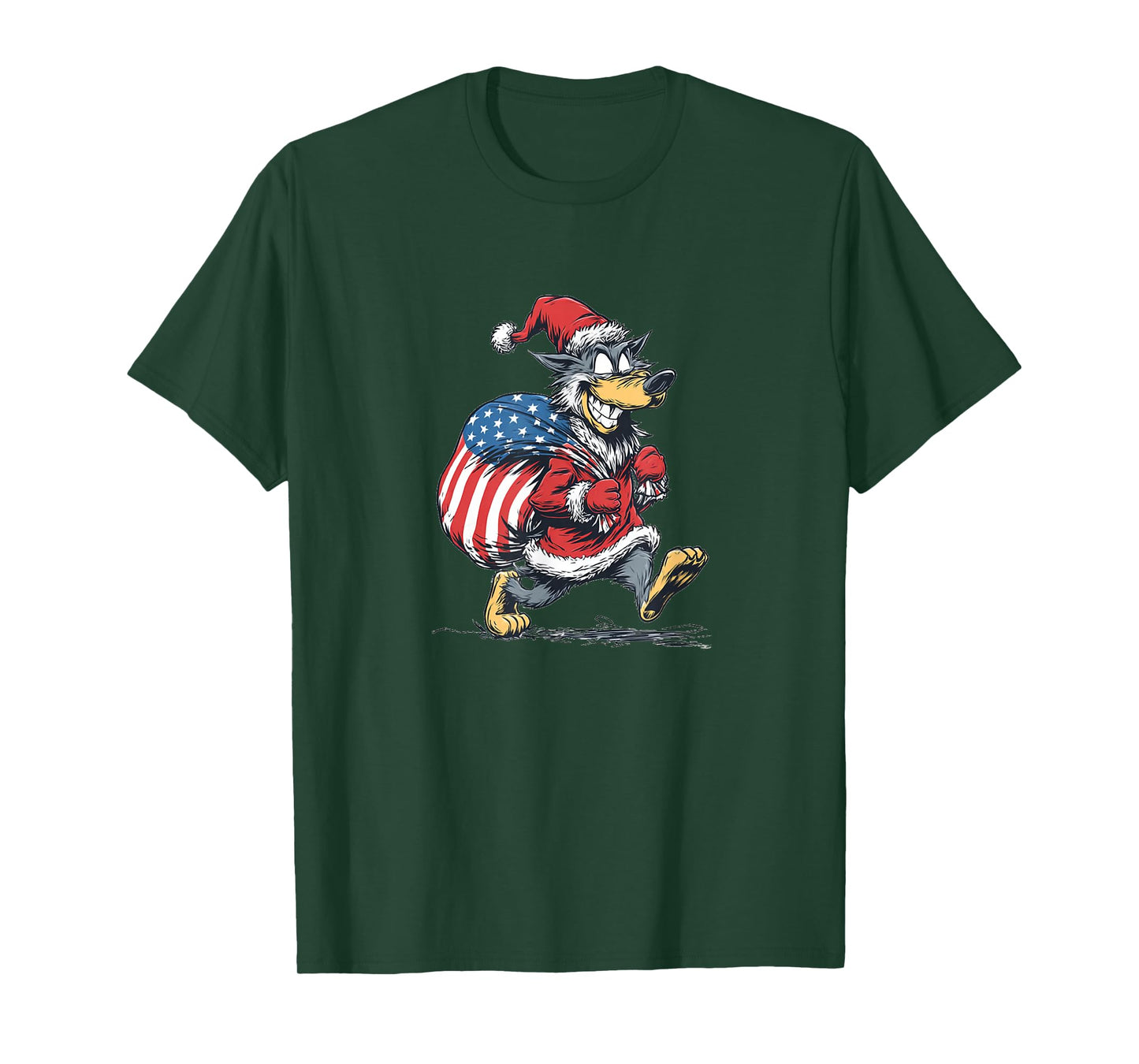 Laughing US Wolf with Santa's Bag Costume for Festive Days T-Shirt