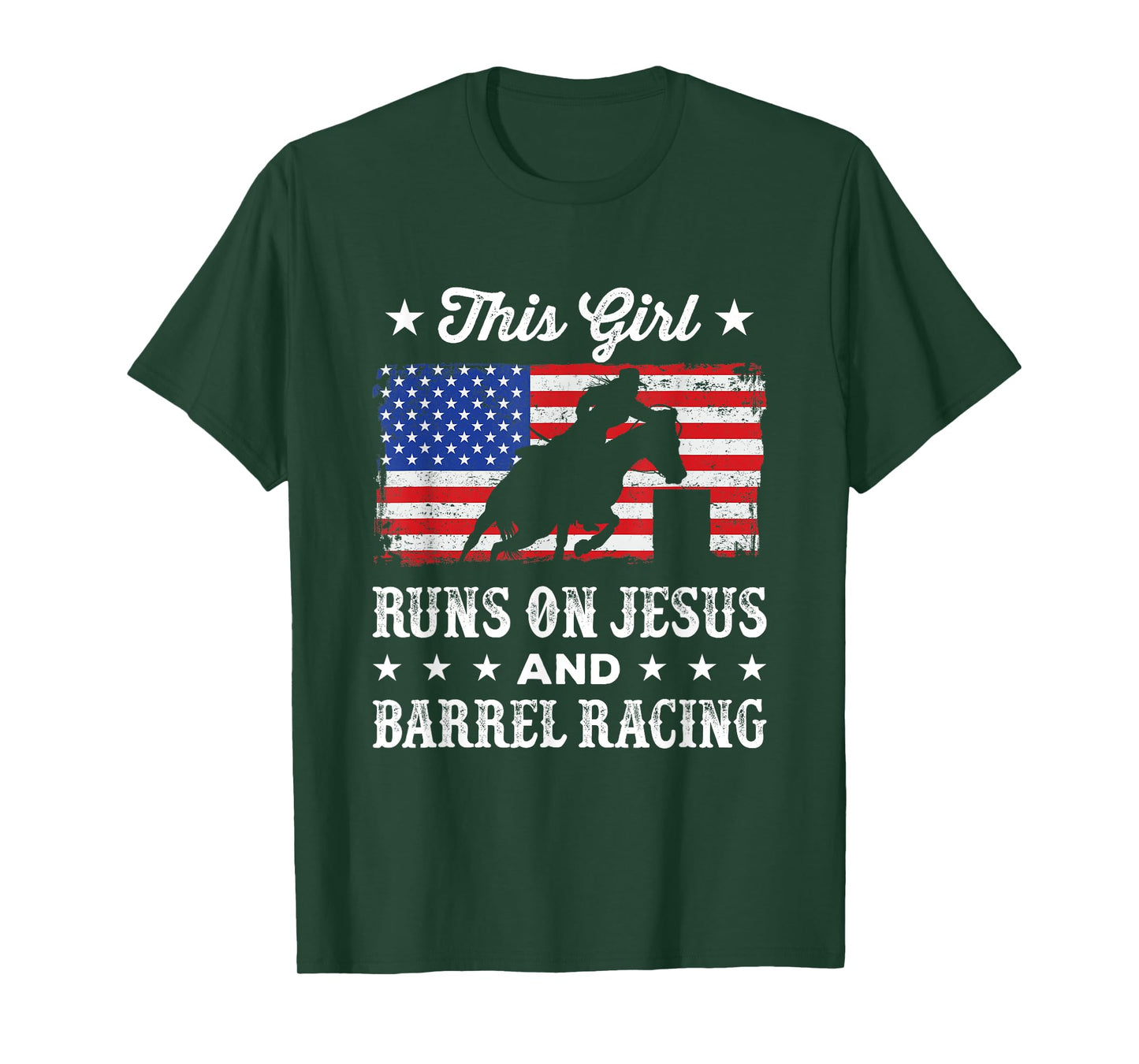 This Girl Runs on Jesus and Barrel Racing American Flag T-Shirt