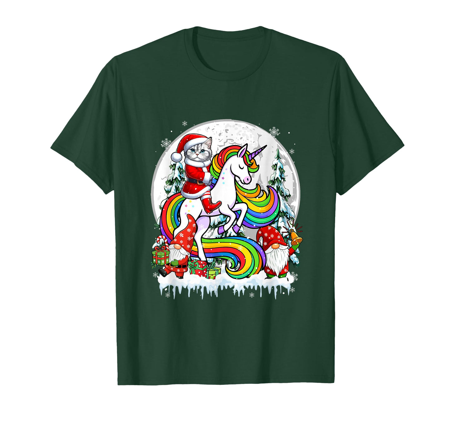 Santa Cat Riding Unicorn Gnomes Christmas Trees Family Kids T-Shirt