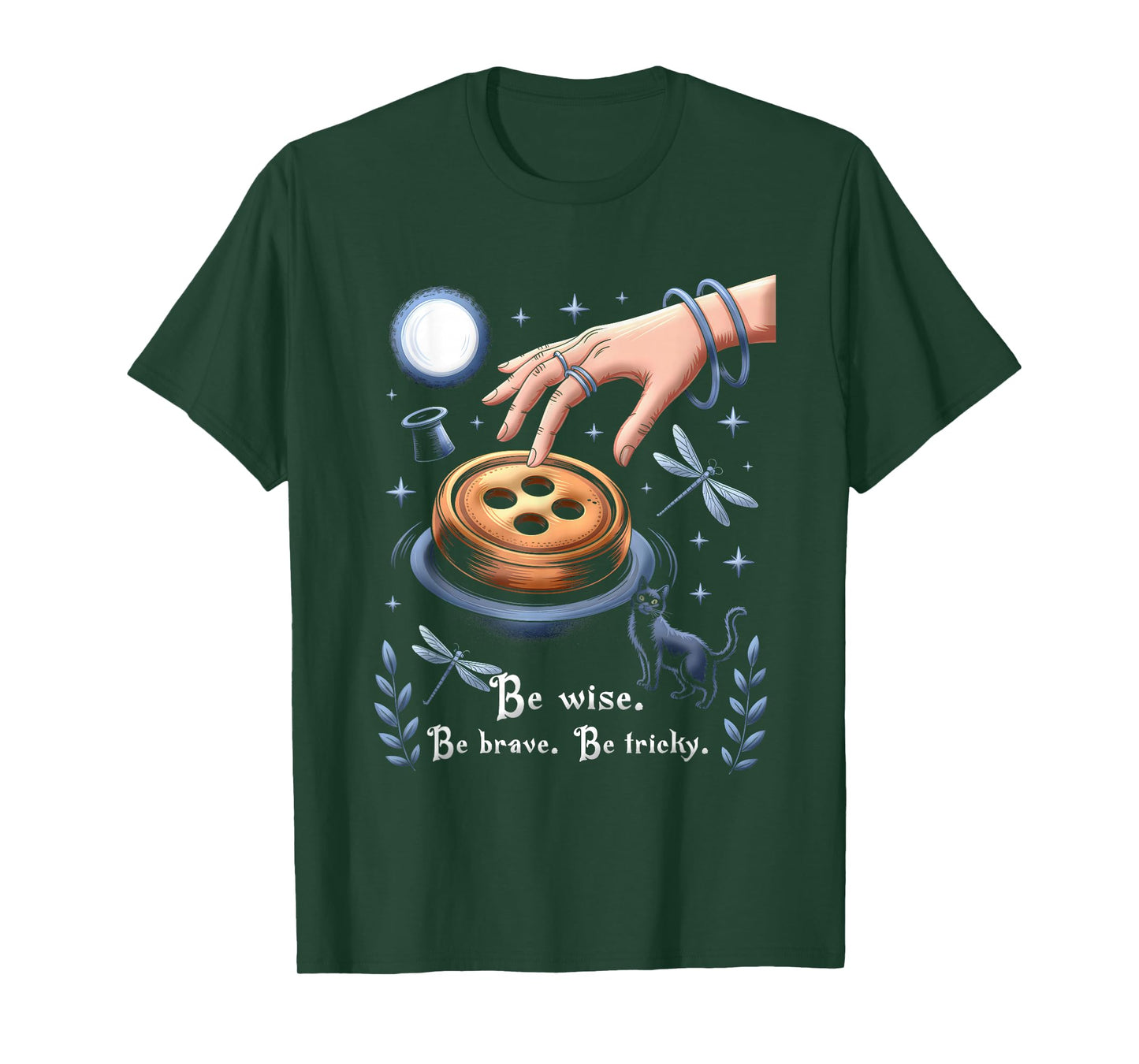 Be Wise Brave Be Tricky Halloween Witch Magic Button Cat T-Shirt