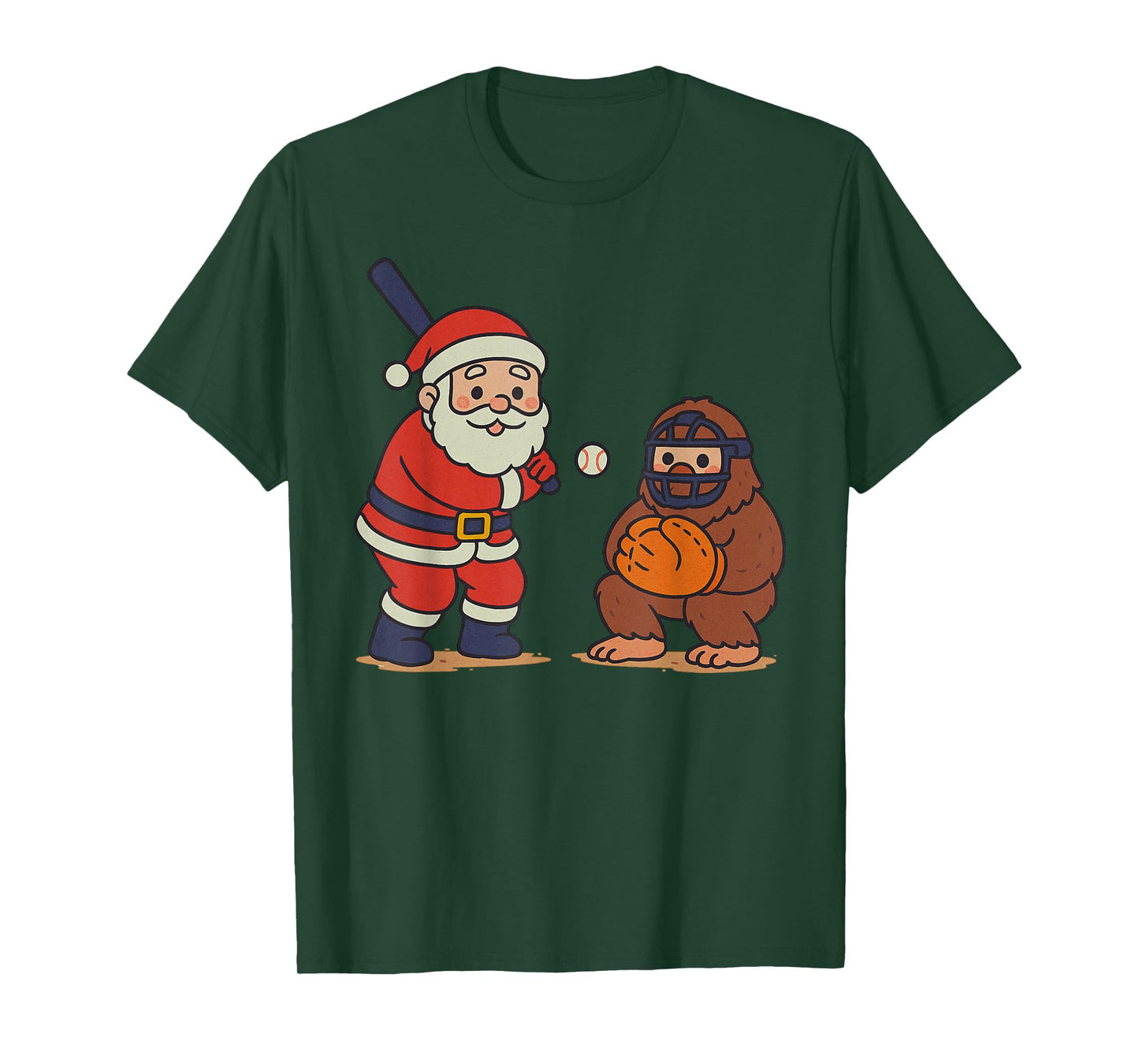 Santa Claus Sasquatch Playing Baseball Xmas Funny Christmas T-Shirt