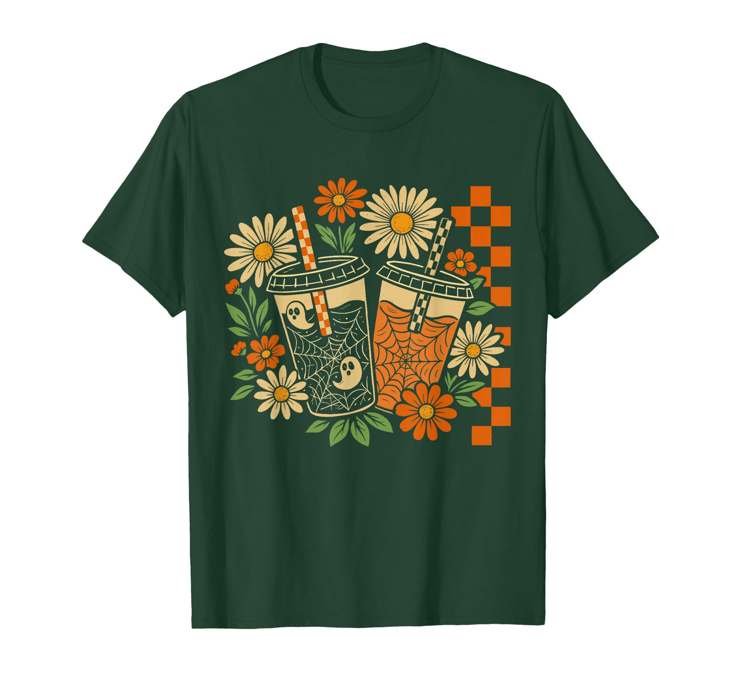 Vintage Halloween Spooky Boo Ghost Coffee Floral Checkered T-Shirt