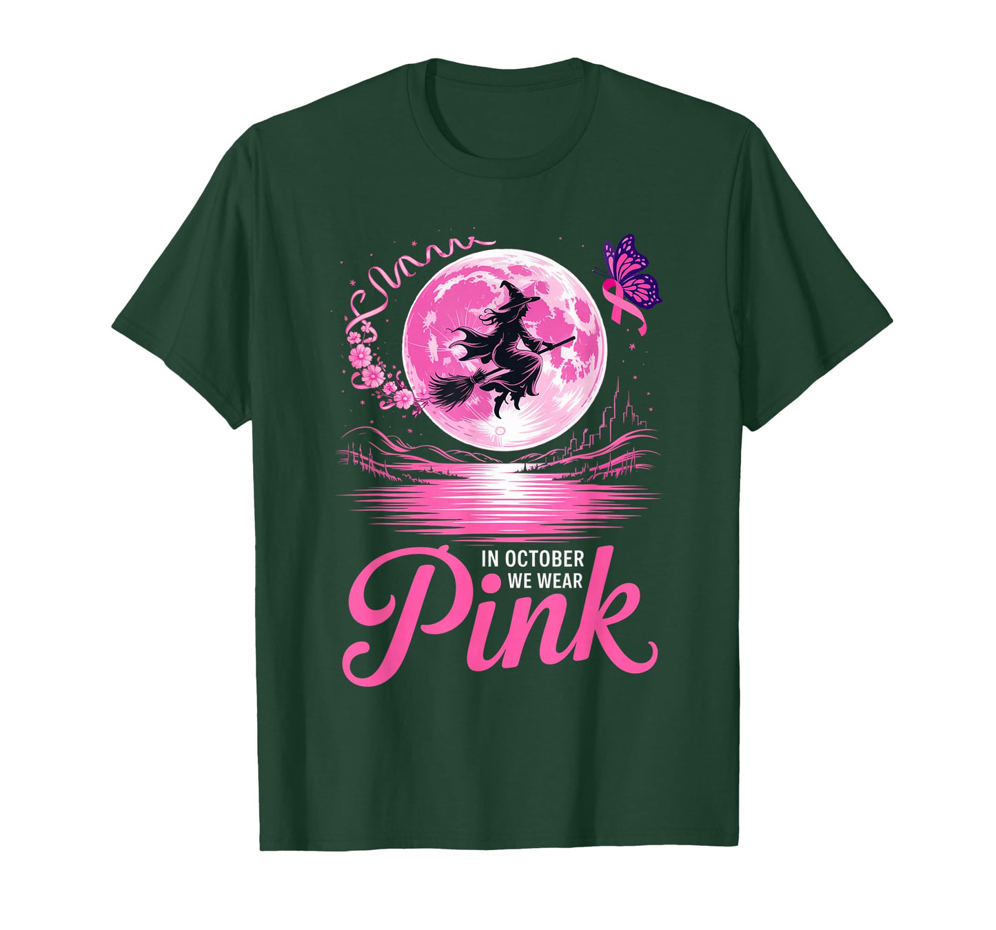 in October We Wear Pink Witch Moon Halloween Awareness Vibe T-Shirt
