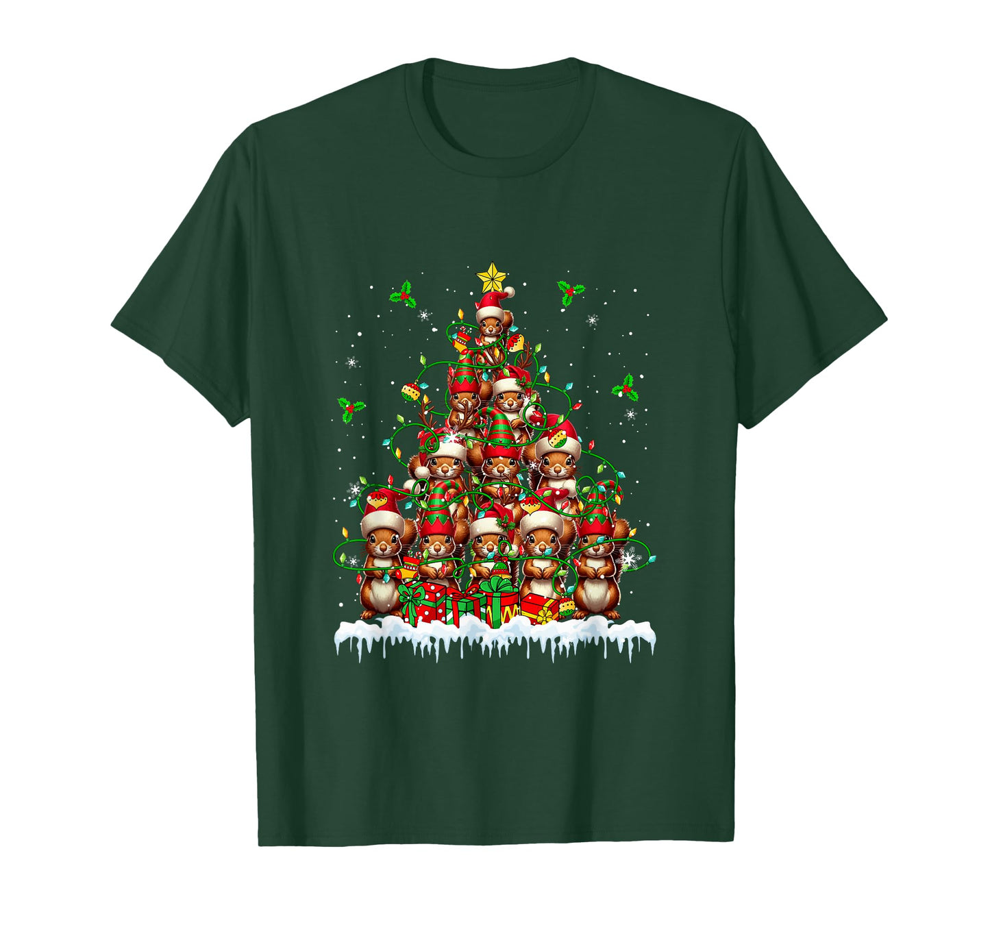 Group Santa Reindeer Elf Squirrels Xmas Tree Colorful Lights T-Shirt