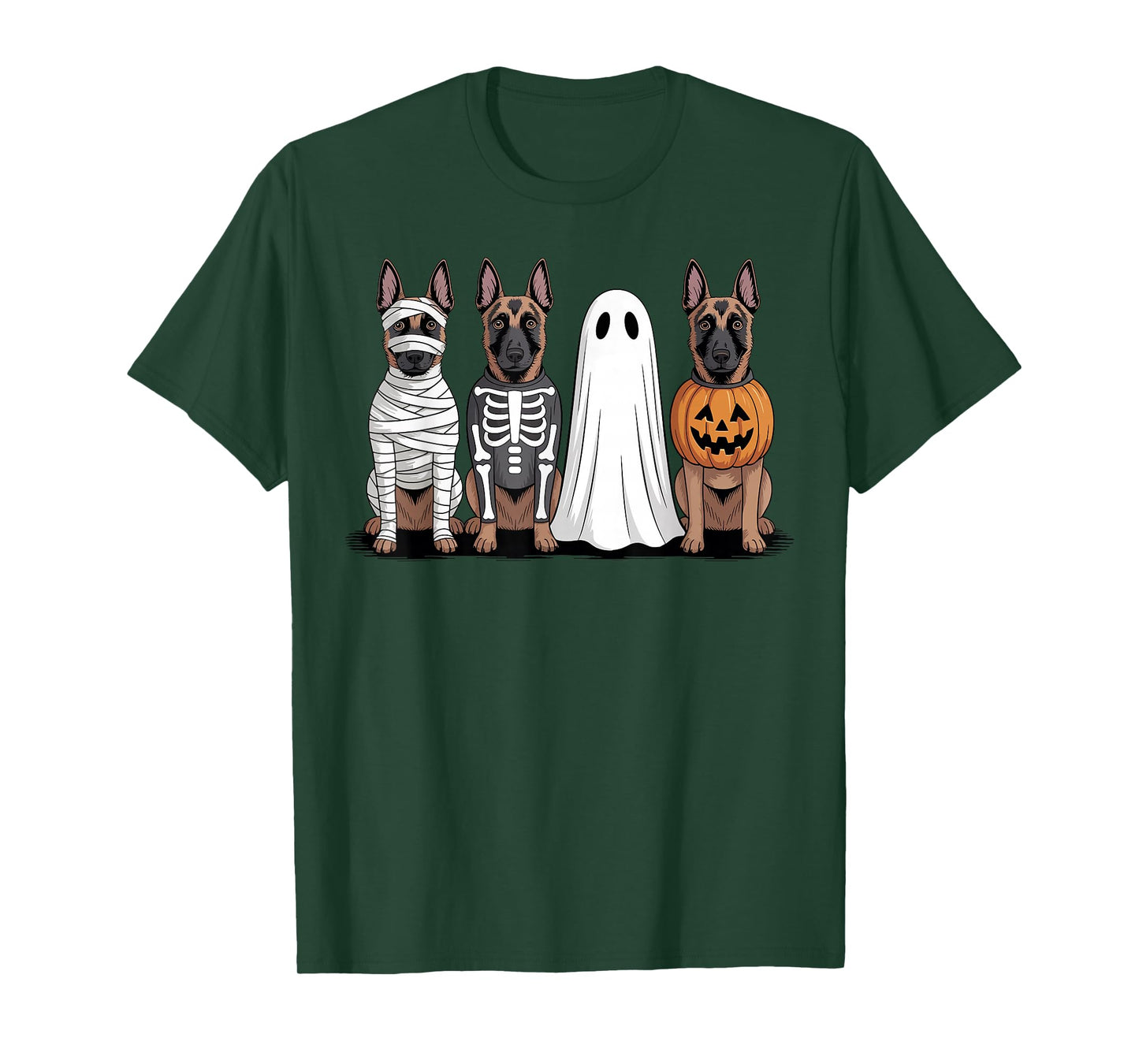 Spooky Ghost Belgian Malinois Pumpkin Halloween Dog Skeleton T-Shirt