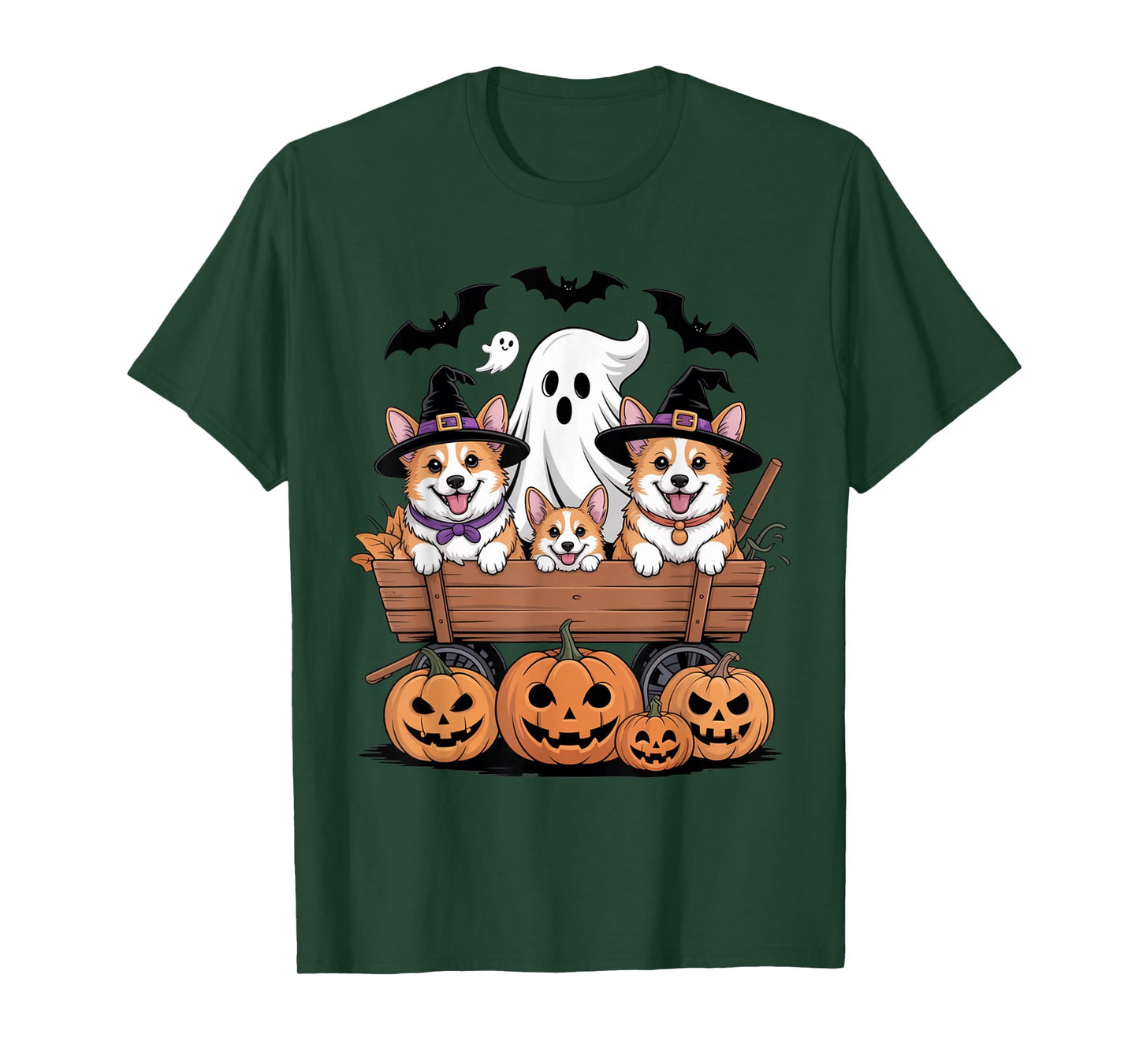 Cute Dogs Halloween Wagon Witch Hats Ghost Pumpkins Spooky T-Shirt