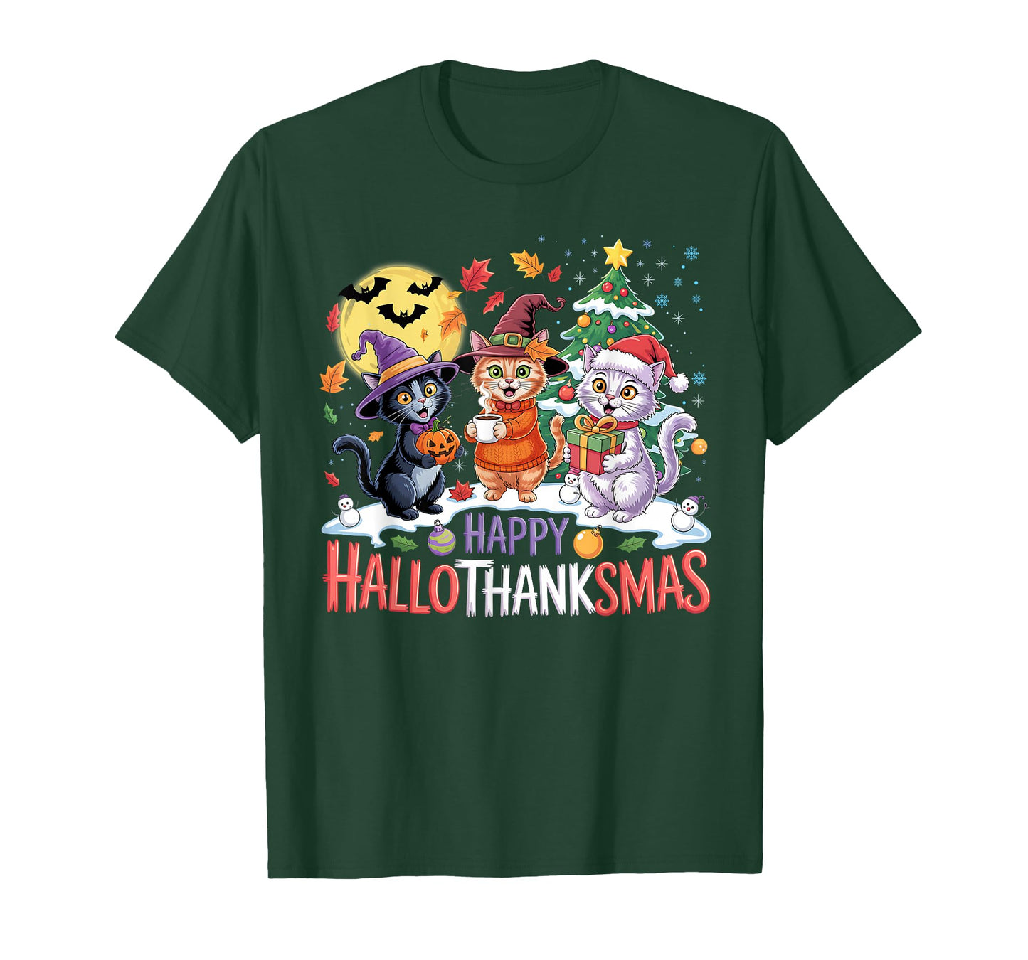 Cute Cat Halloween Christmas Thanksgiving Hallothanksmas T-Shirt