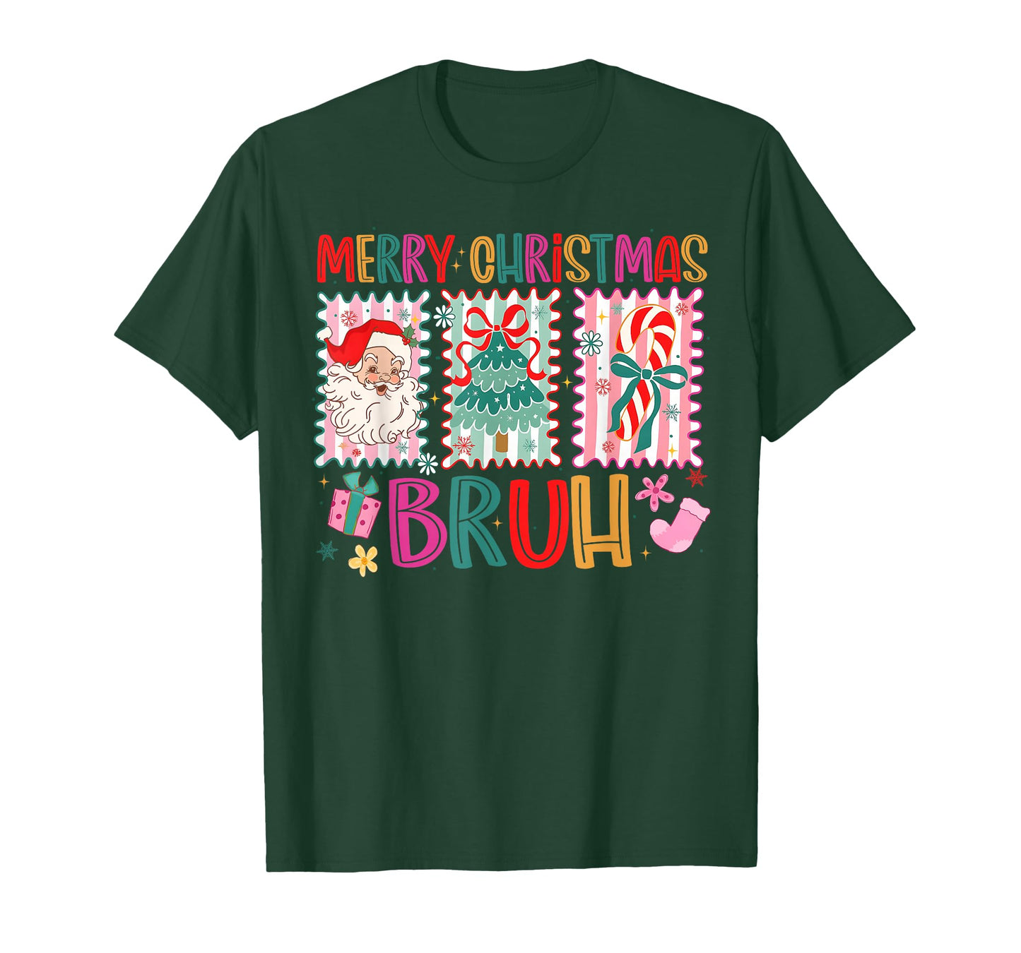 Preppy Merry Christmas Bruh Coquette Bow Santa Women Girl T-Shirt