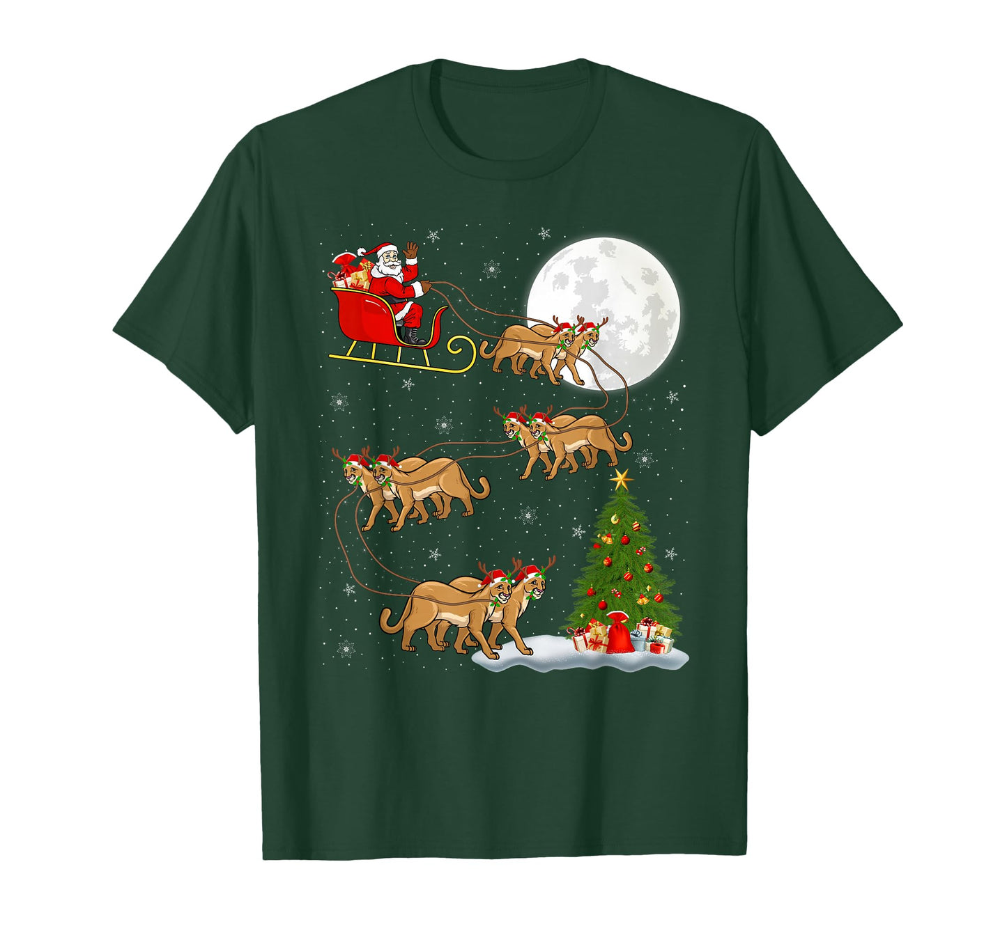 Cougar Santa Sleigh Flying Funny Magical Christmas T-Shirt