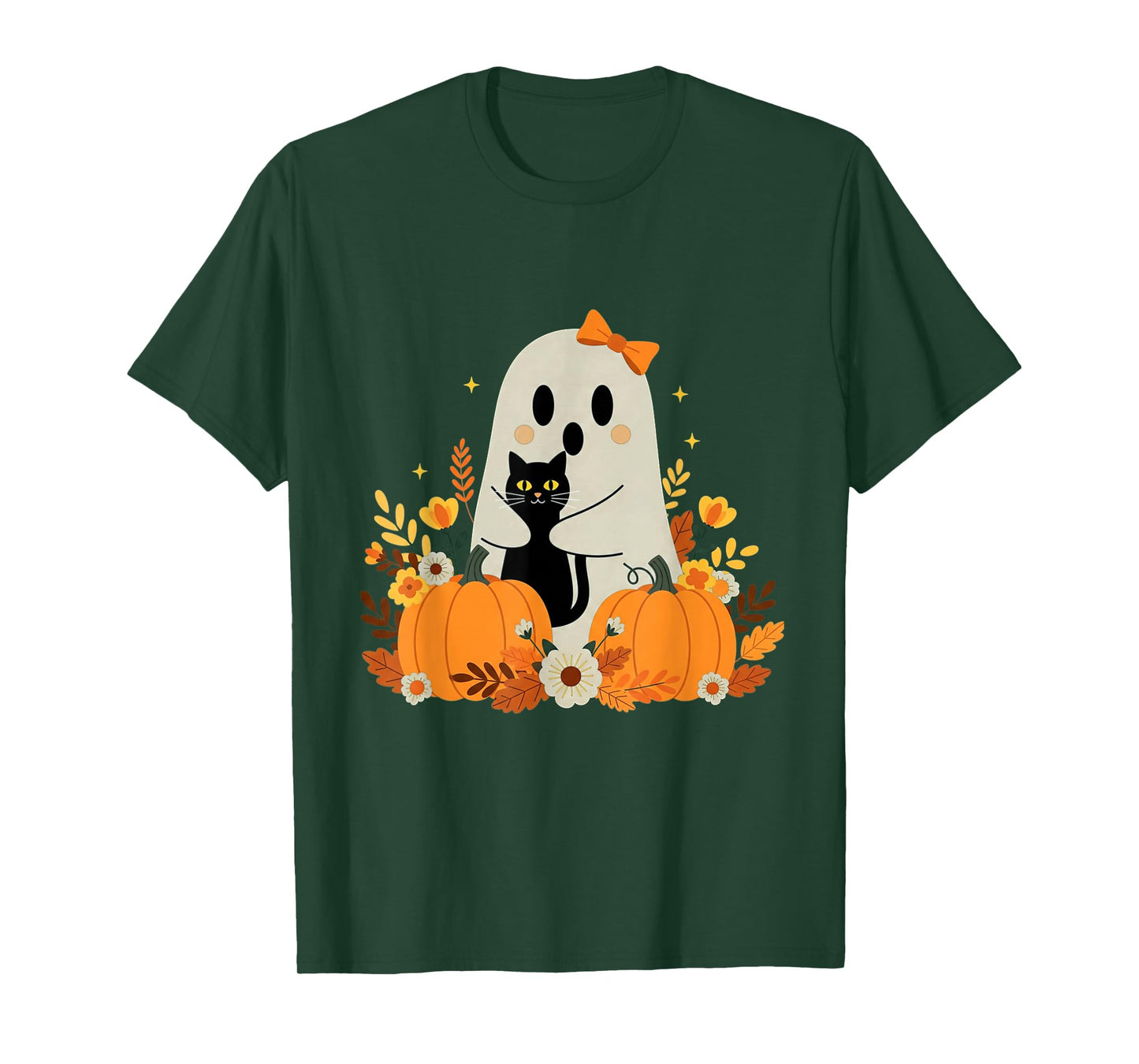 Vintage Halloween Ghost Holding Black Cat Groovy Floral T-Shirt