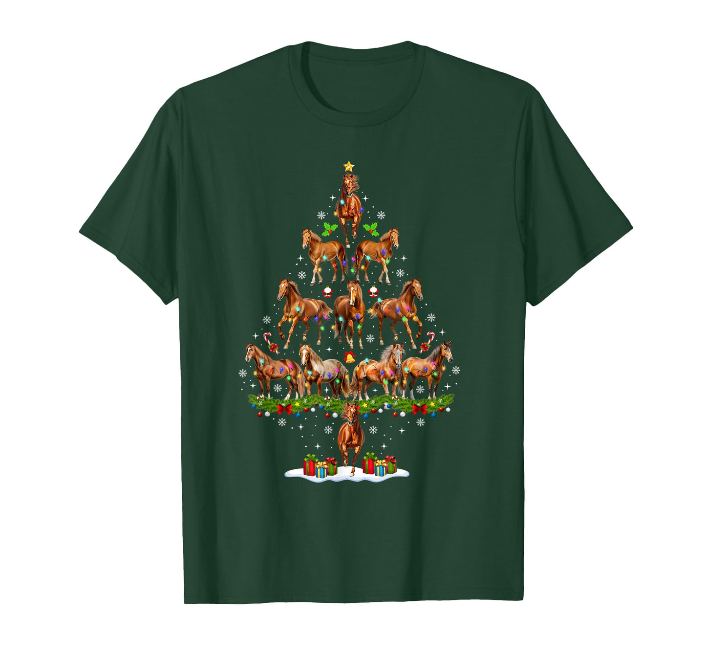 Funny Horse Christmas Tree Lights Santa Hat Xmas Pajamas T-Shirt