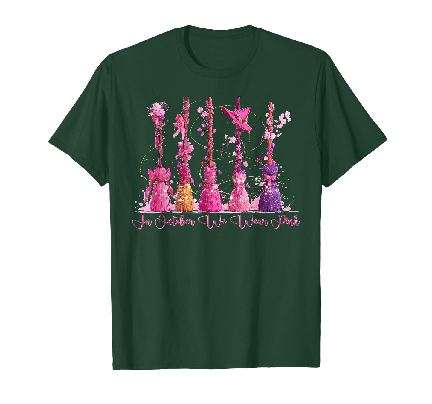 in October We Wear Pink Witches Brooms Spooky Breast Cancer T-Shirt
