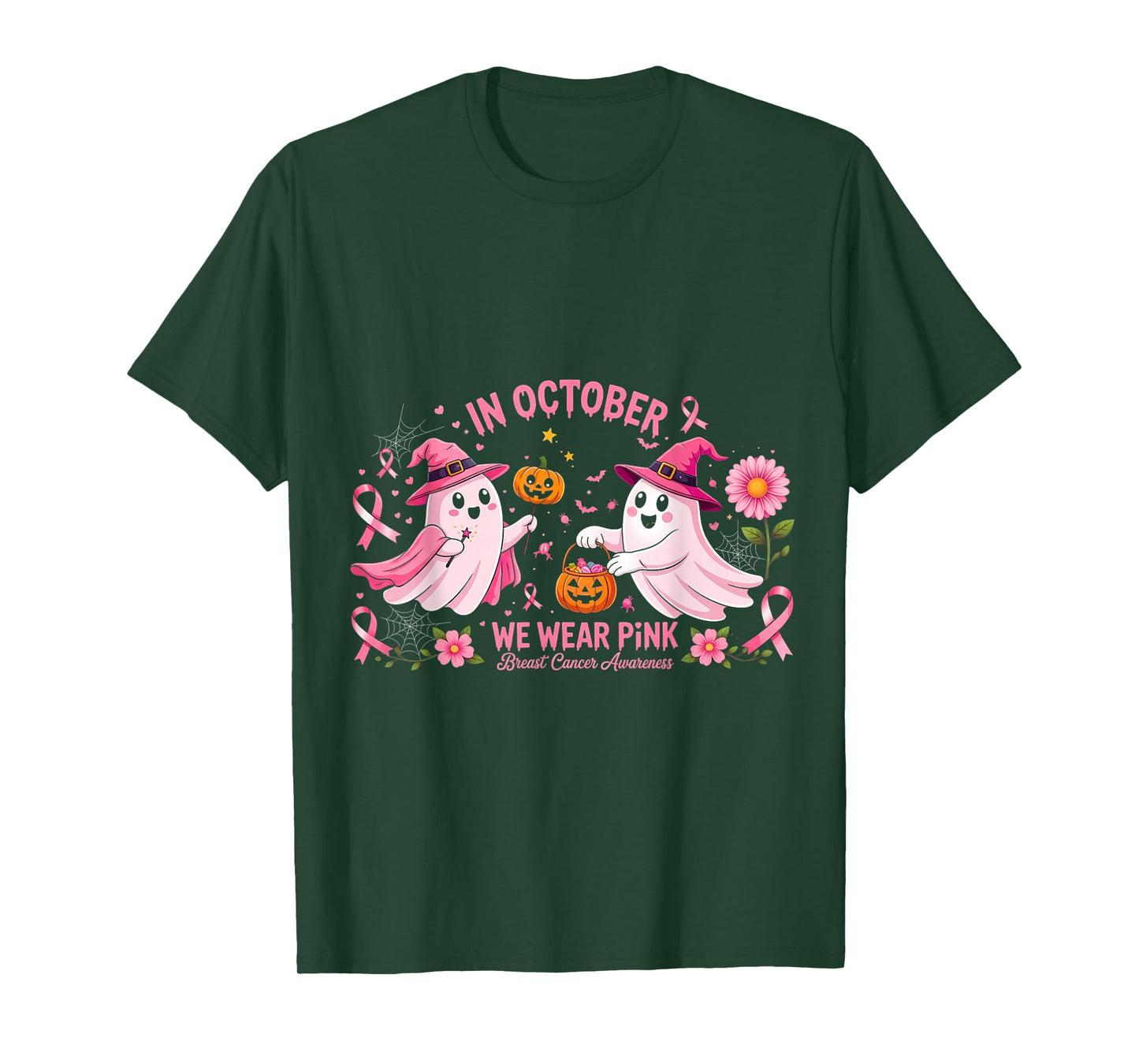 in October We Wear Pink Ghost Witch Breast Cancer Awareness T-Shirt