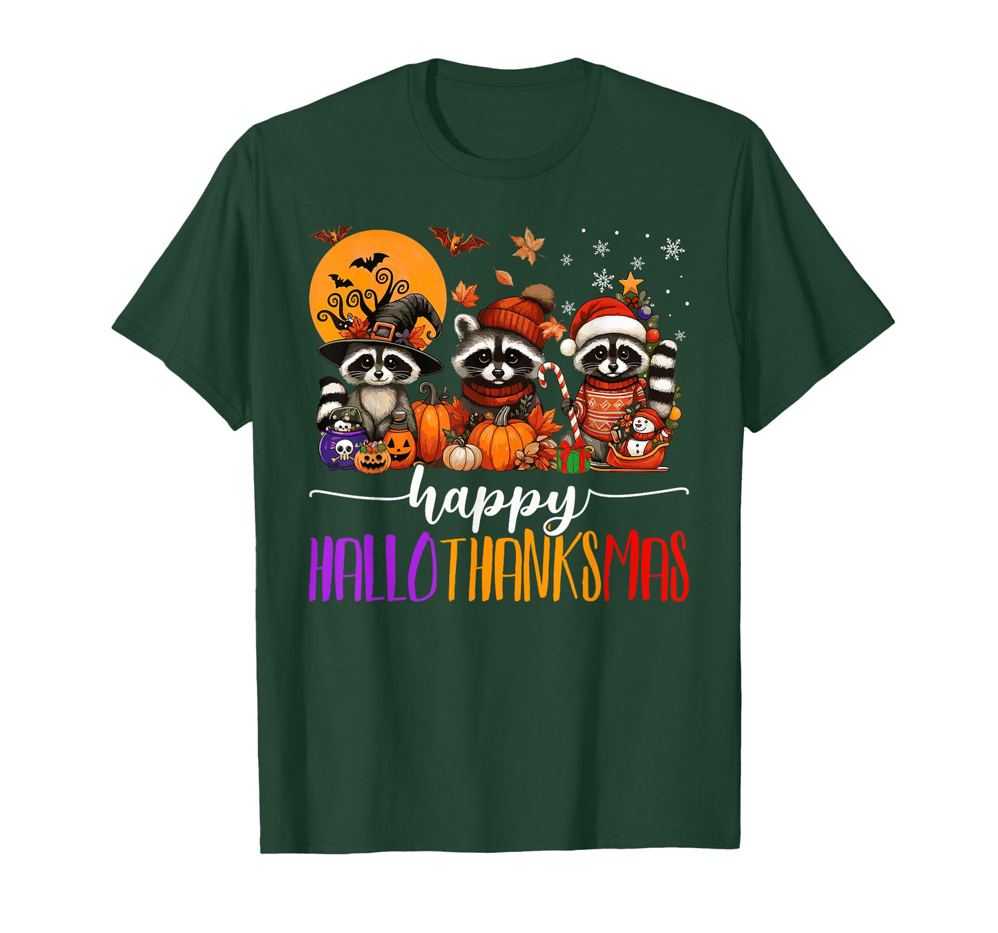 Happy Hallothanksmas Raccoons Halloween Thanksgiving Xmas T-Shirt