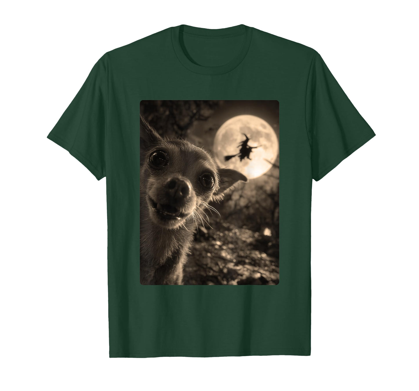 Funny Chihuahua Selfie Full Moon Flying Witch Halloween Dog T-Shirt