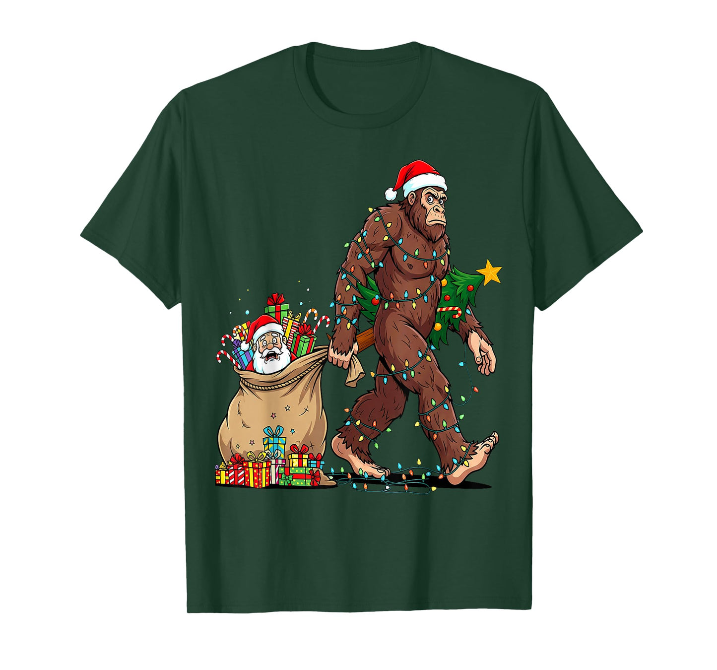 Funny Bigfoot Steals Santa & Xmas Tree - Christmas Sasquatch T-Shirt