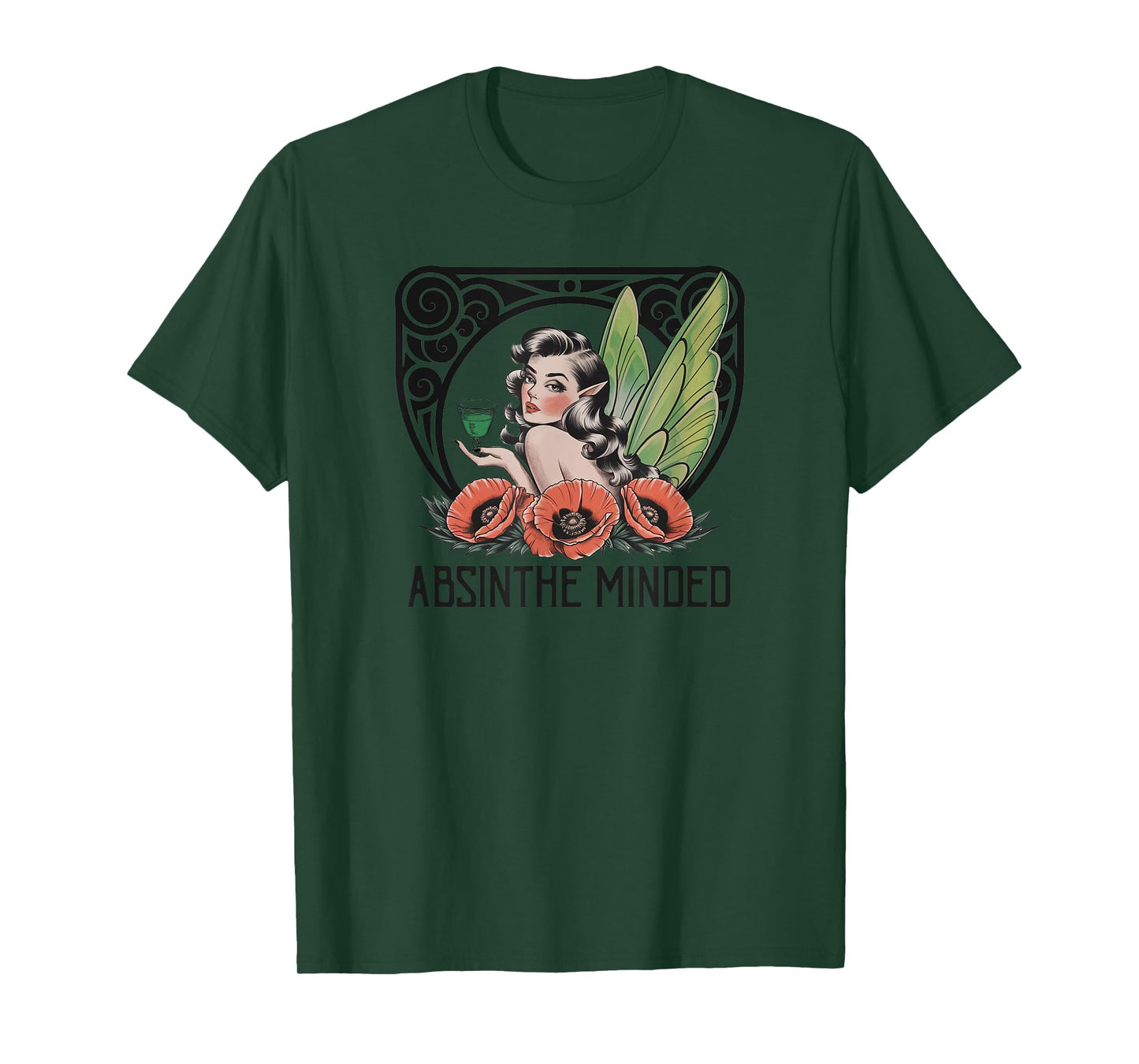 Absinthe Minded Art Nouveau Green Fairy Vintage Poppies T-Shirt