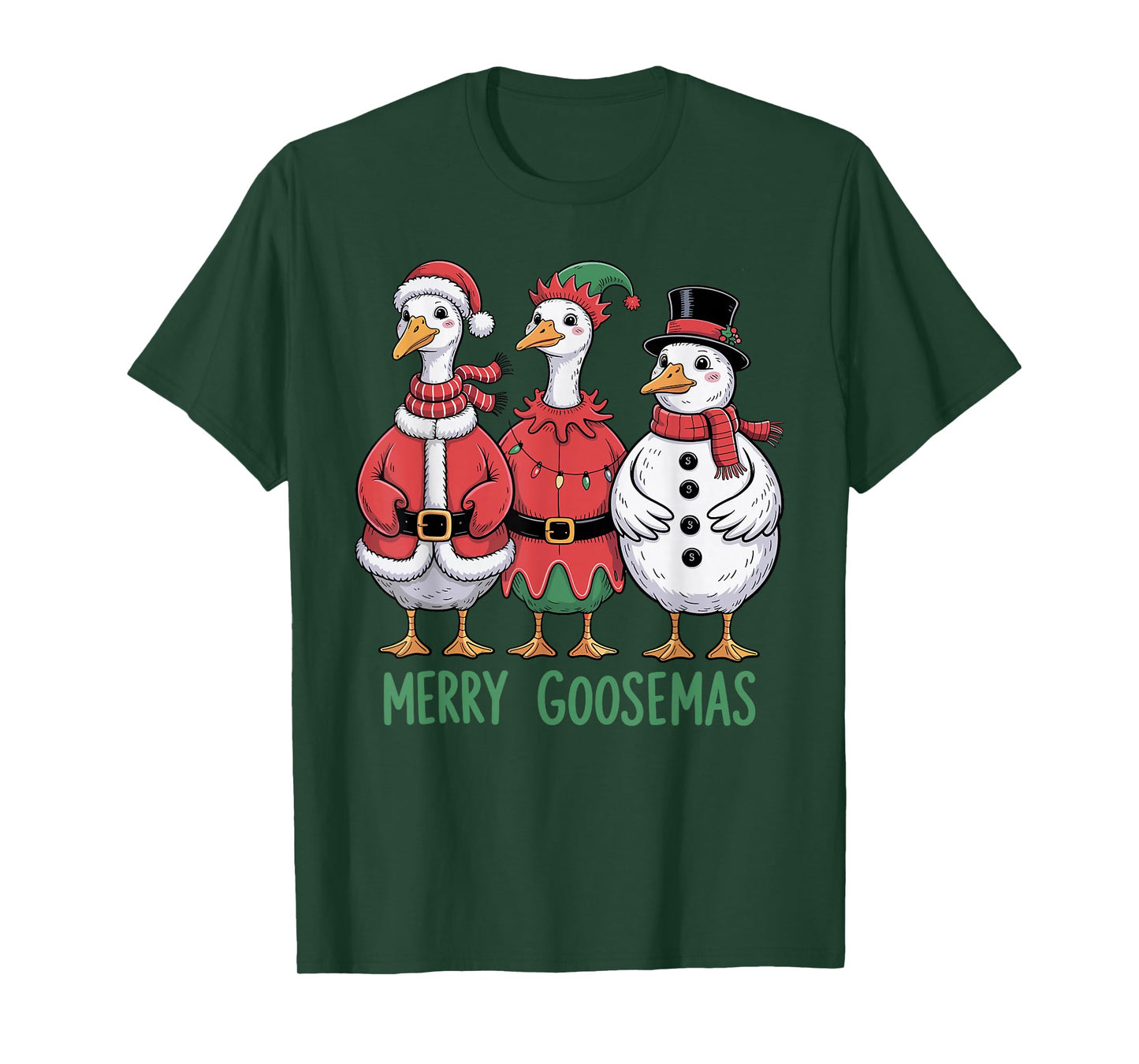 Merry Goosmas Christmas Goose Trio Elf Santa Snowman T-Shirt