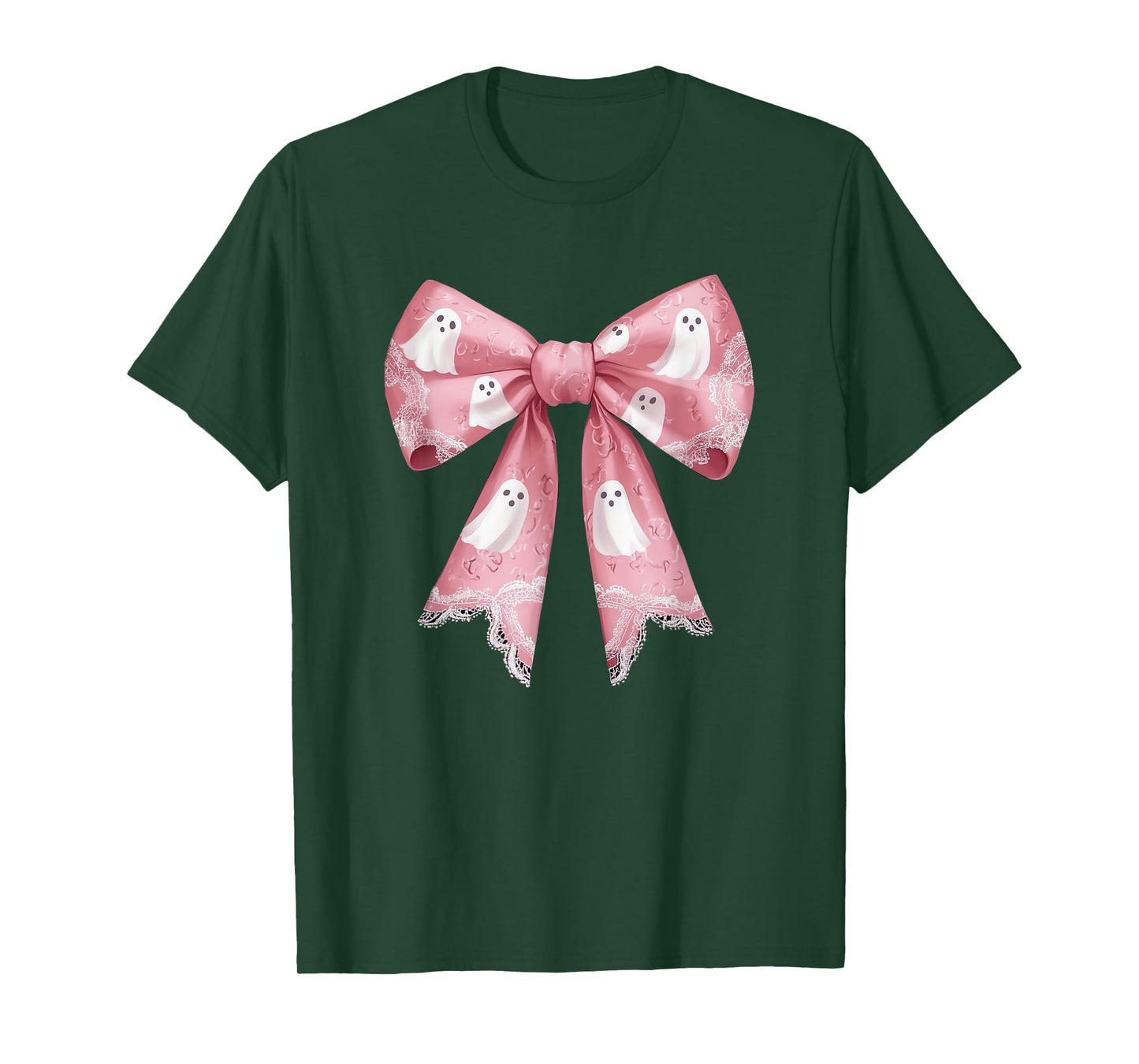 Pink Ghost Coquette Bow Halloween Spooky Season Womens Girls T-Shirt