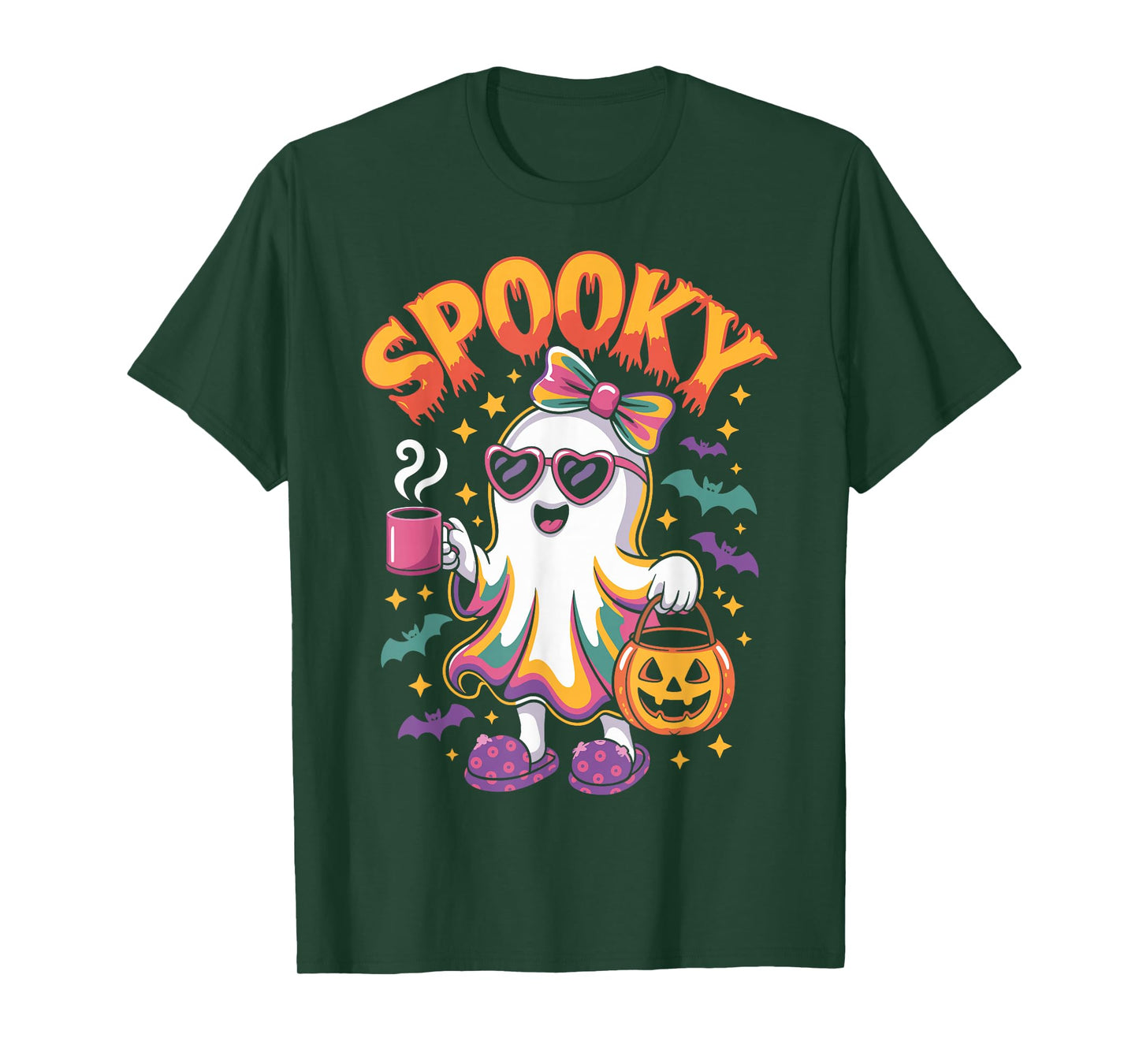 Spooky Halloween Ghost Colorful Coquette Bow Girl Women T-Shirt