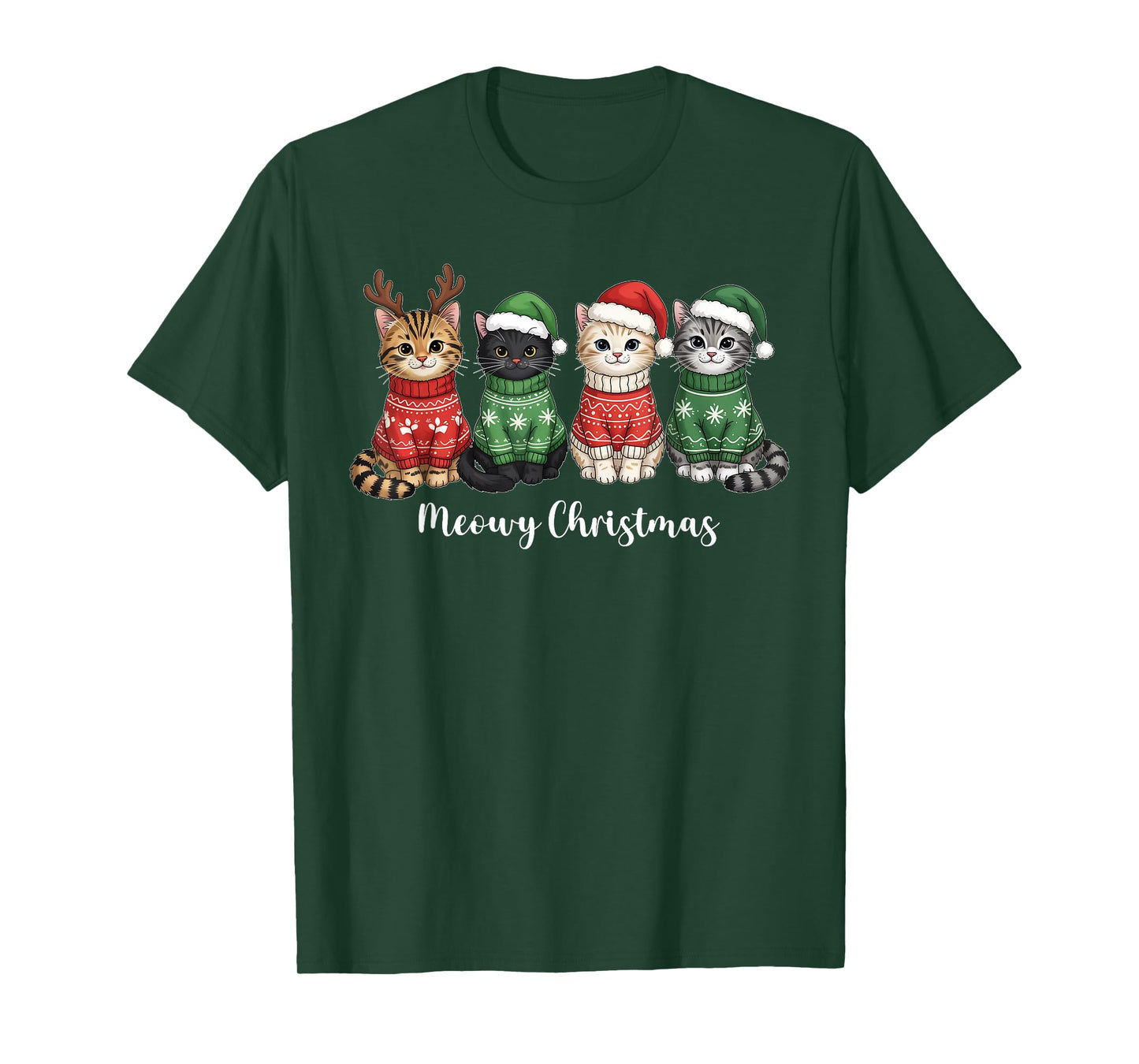 Meowy Christmas Cat Ugly Christmas Cat Reindeer Santa Xmas T-Shirt