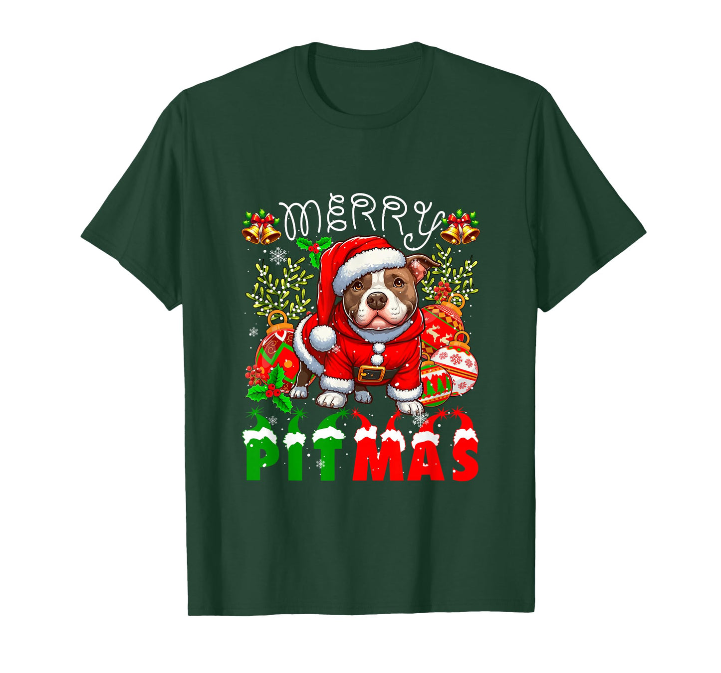 Merry Pitmas Santa Pit Bull Decorating Xmas Owner Family T-Shirt