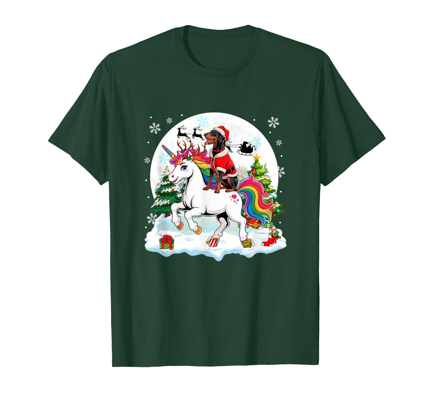 Santa Dobermann Riding Unicorn Reindeer Christmas Owner Kids T-Shirt