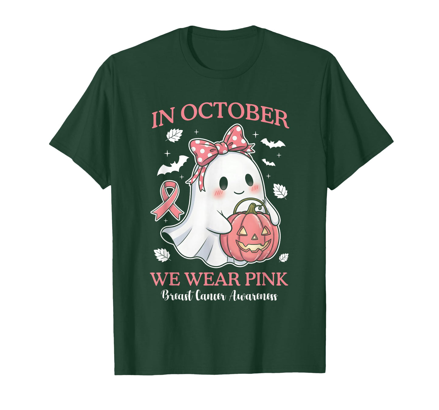 in October We Wear Pink Ghost Witch Breast Cancer Awareness T-Shirt