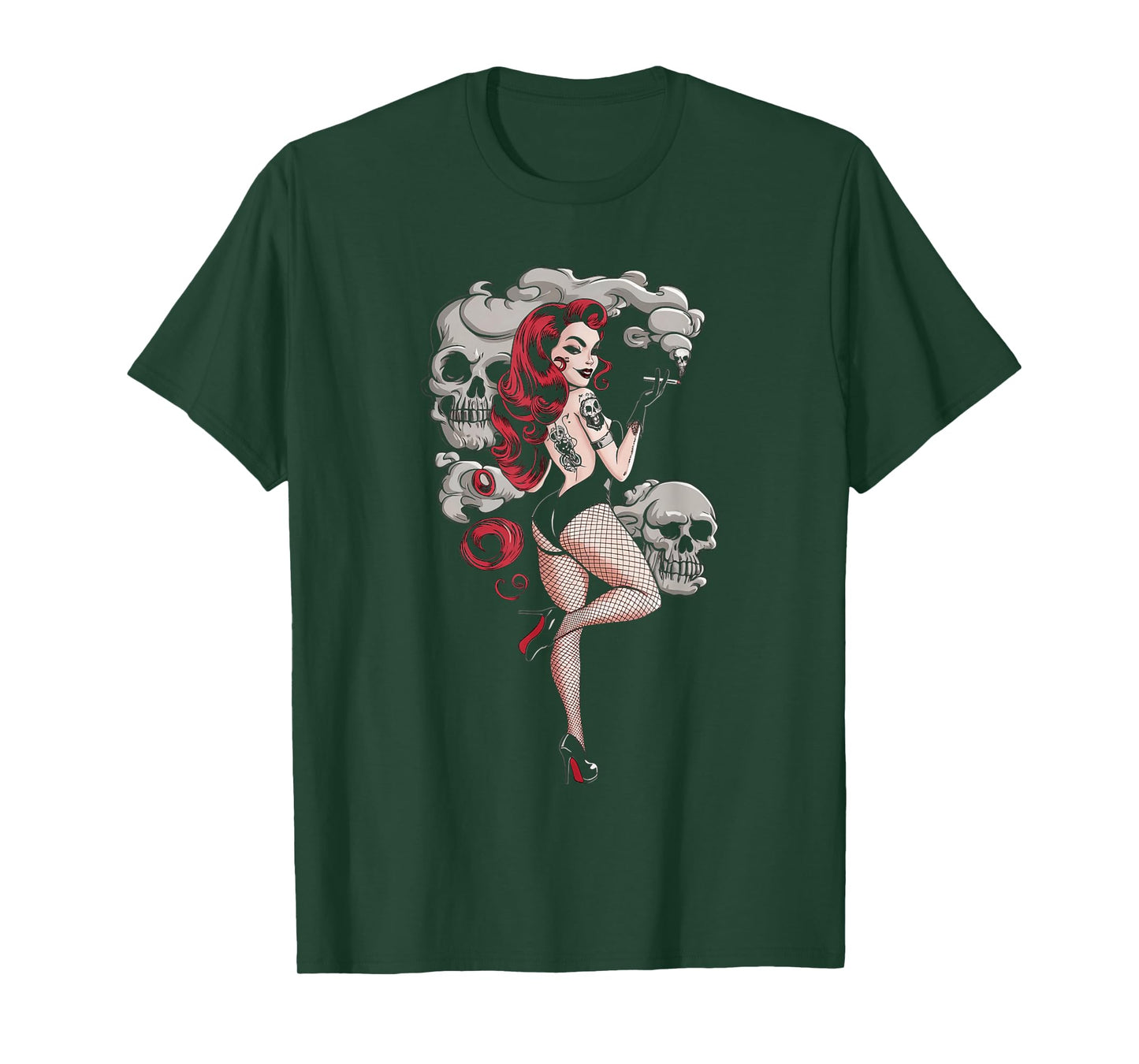 Tattoo Goth Pin-up Girl with Skull Vintage Horror Rockabilly T-Shirt