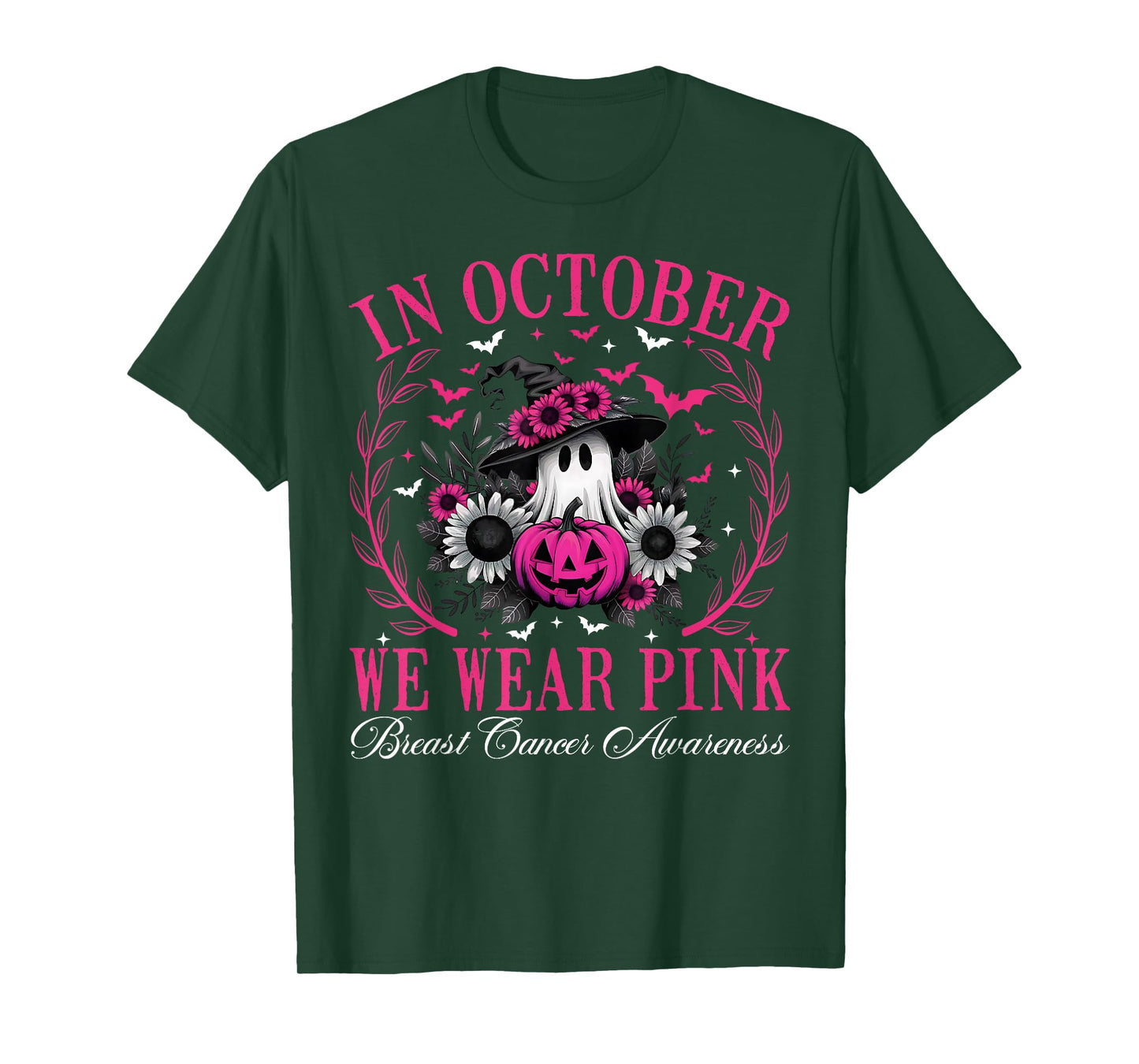 in October We Wear Pink Ghost Witch Breast Cancer Awareness T-Shirt