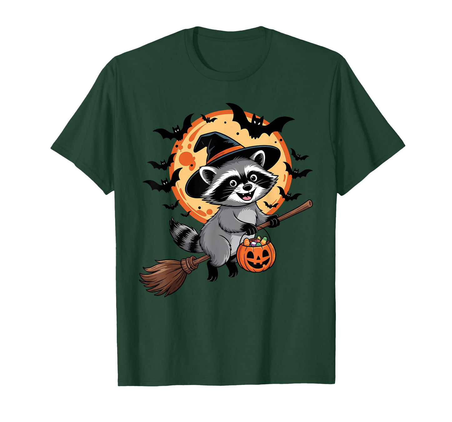 Halloween Raccoon Witch Hat and Broom Pumpkin Candy Bucket T-Shirt