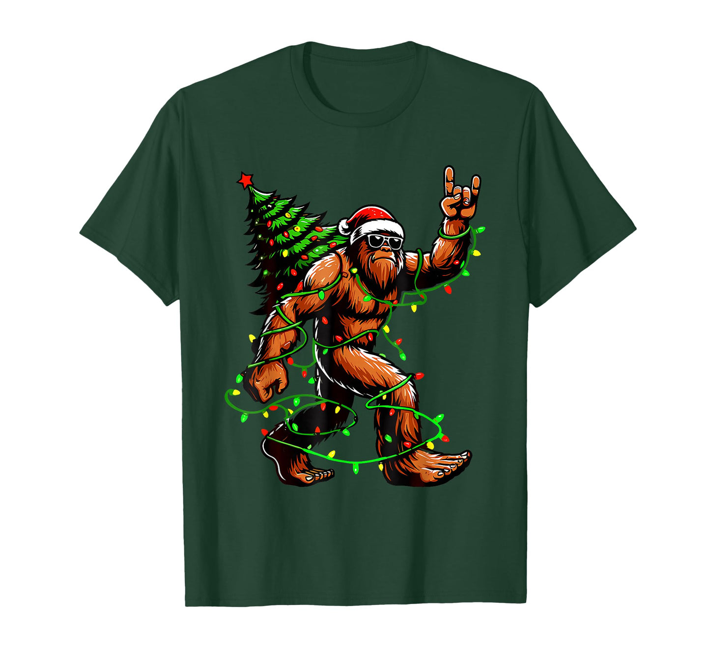 Bigfoot Santa Christmas Tree Lights Funny Xmas Sasquatch T-Shirt