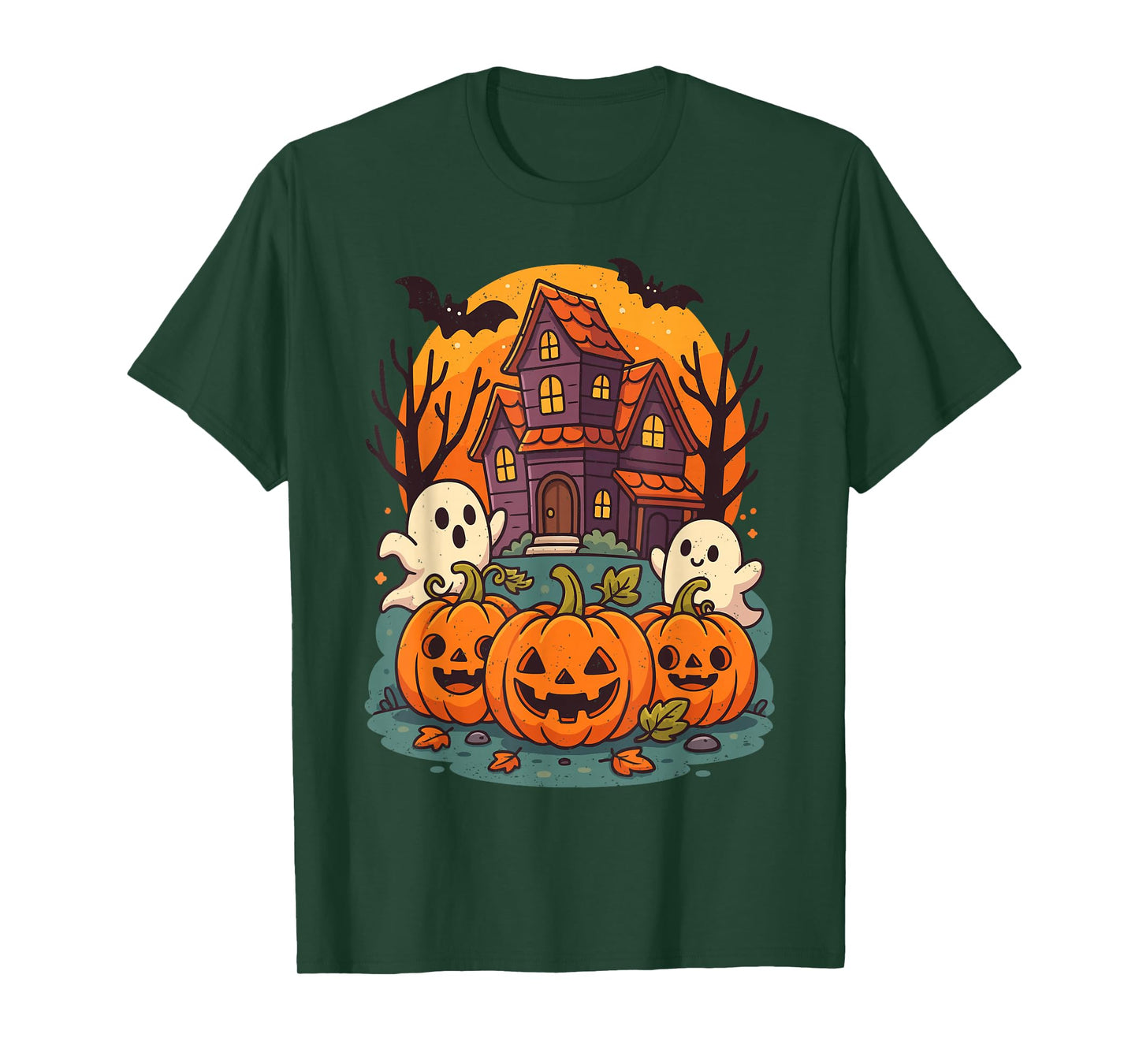 Haunted House Ghost Pumpkin Halloween Jack O Lantern Bats T-Shirt