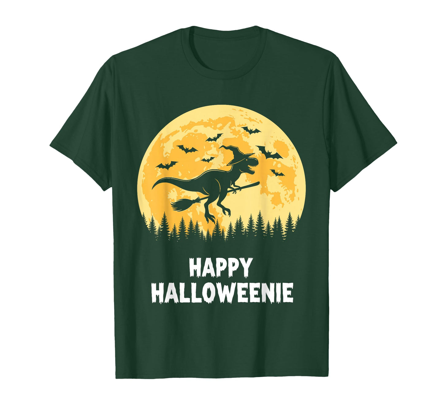 Happy Halloweenie Funny Dinosaur T Rex Flying Witch T-Shirt