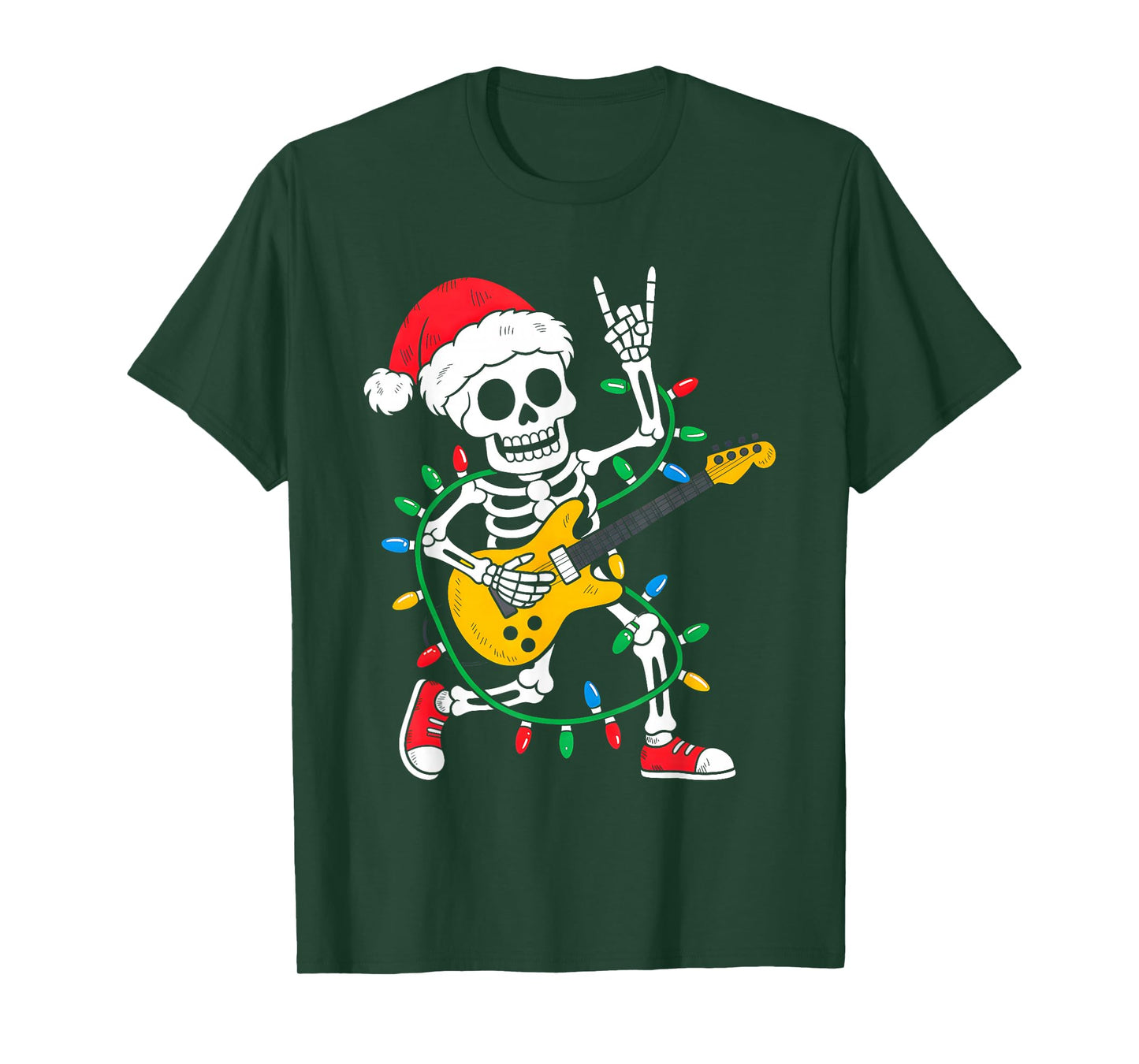 Xmas Santa Skeleton Playing Guitar Rock Funny Christmas T-Shirt