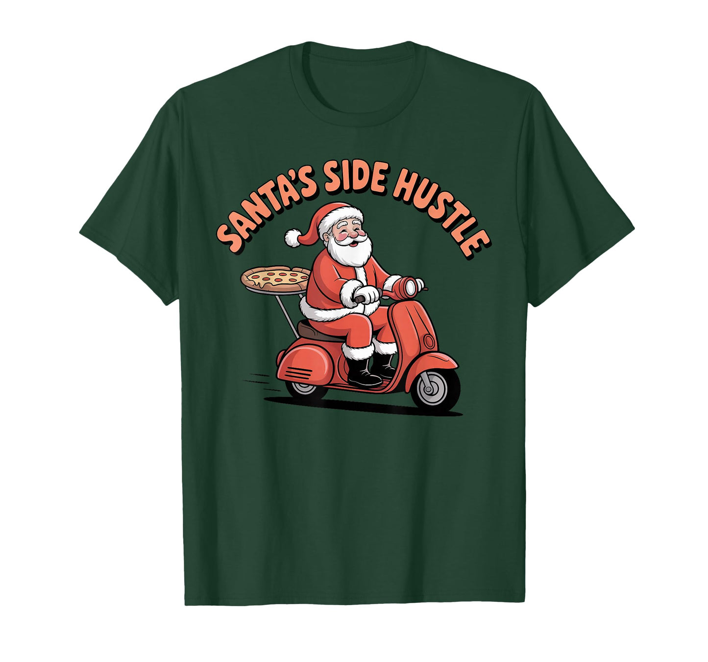 Santa’s Side Hustle - Santa Delivering Pizza on Scooter T-Shirt