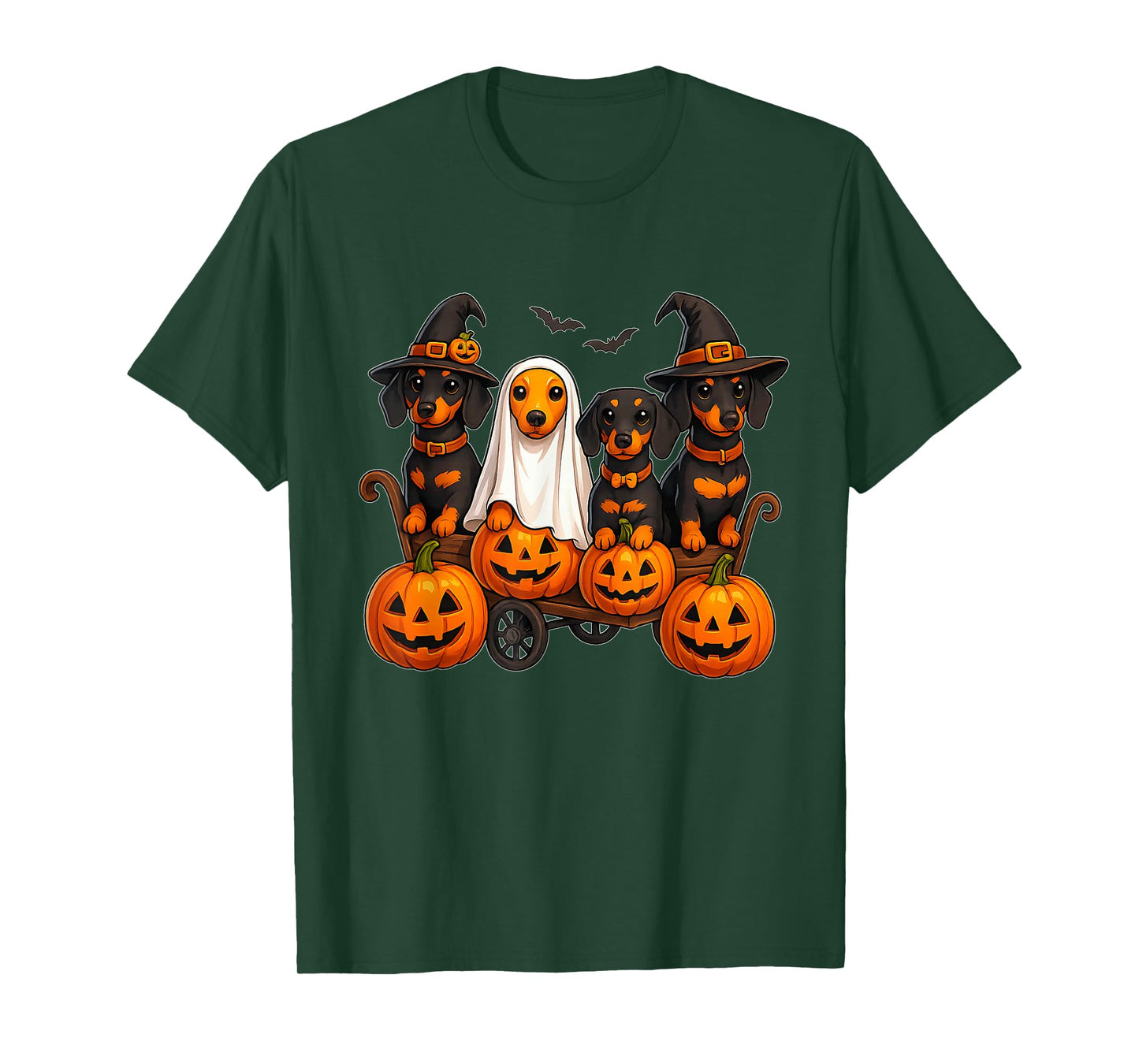 Halloween Dachshund Dogs Ghost Witch Pumpkins Wooden Wagon T-Shirt