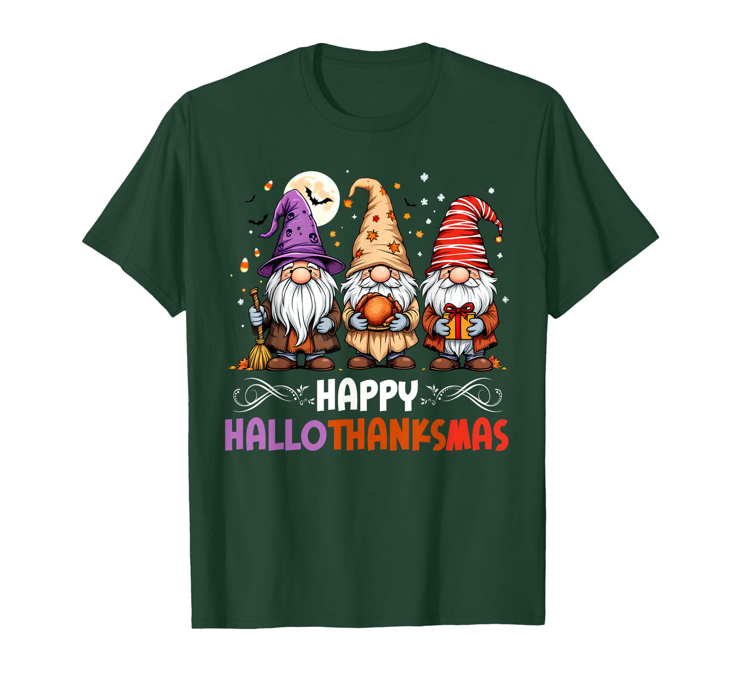 HalloThanksMas Gnomes Halloween Thanksgiving Christmas Happy T-Shirt