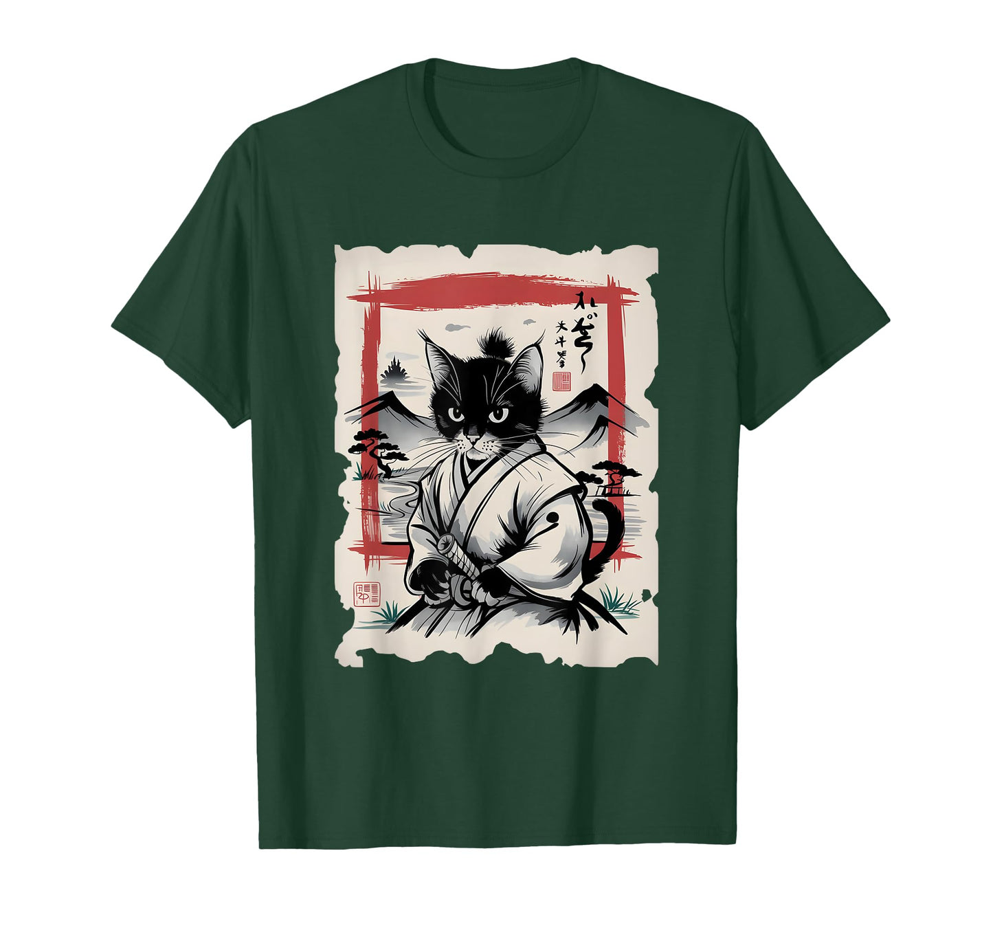 Samurai Cat Sumi-e Graphic - Vintage Warrior Japanese Art Men Women Girls Kids T-Shirt