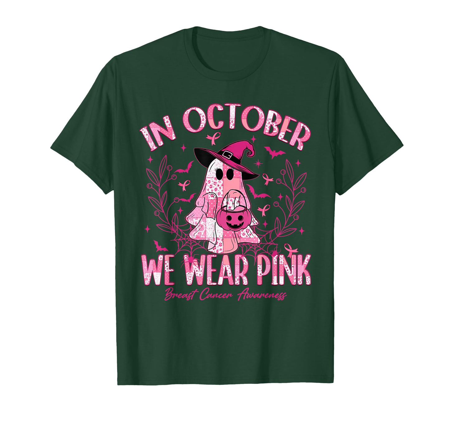 in October We Wear Pink Ghost Witch Breast Cancer Awareness T-Shirt