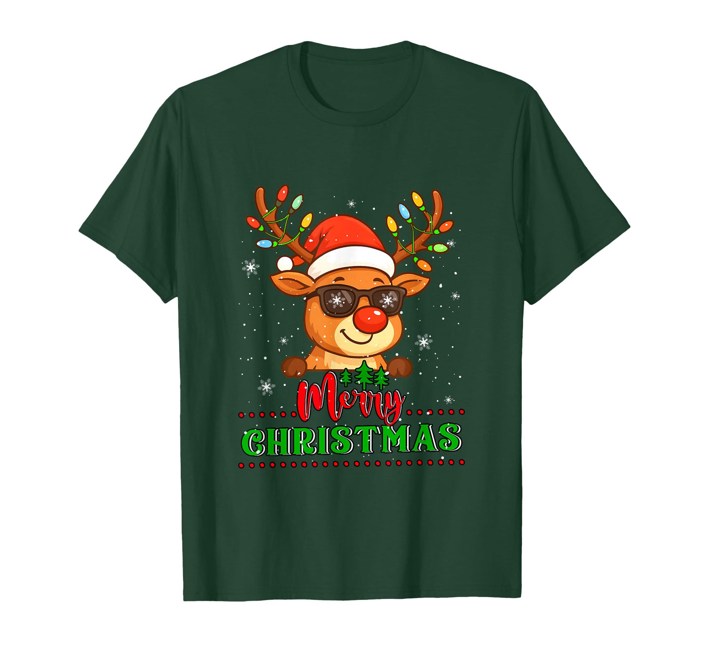 Merry Christmas Cute Reindeer Sunglasses Colorful Lights T-Shirt